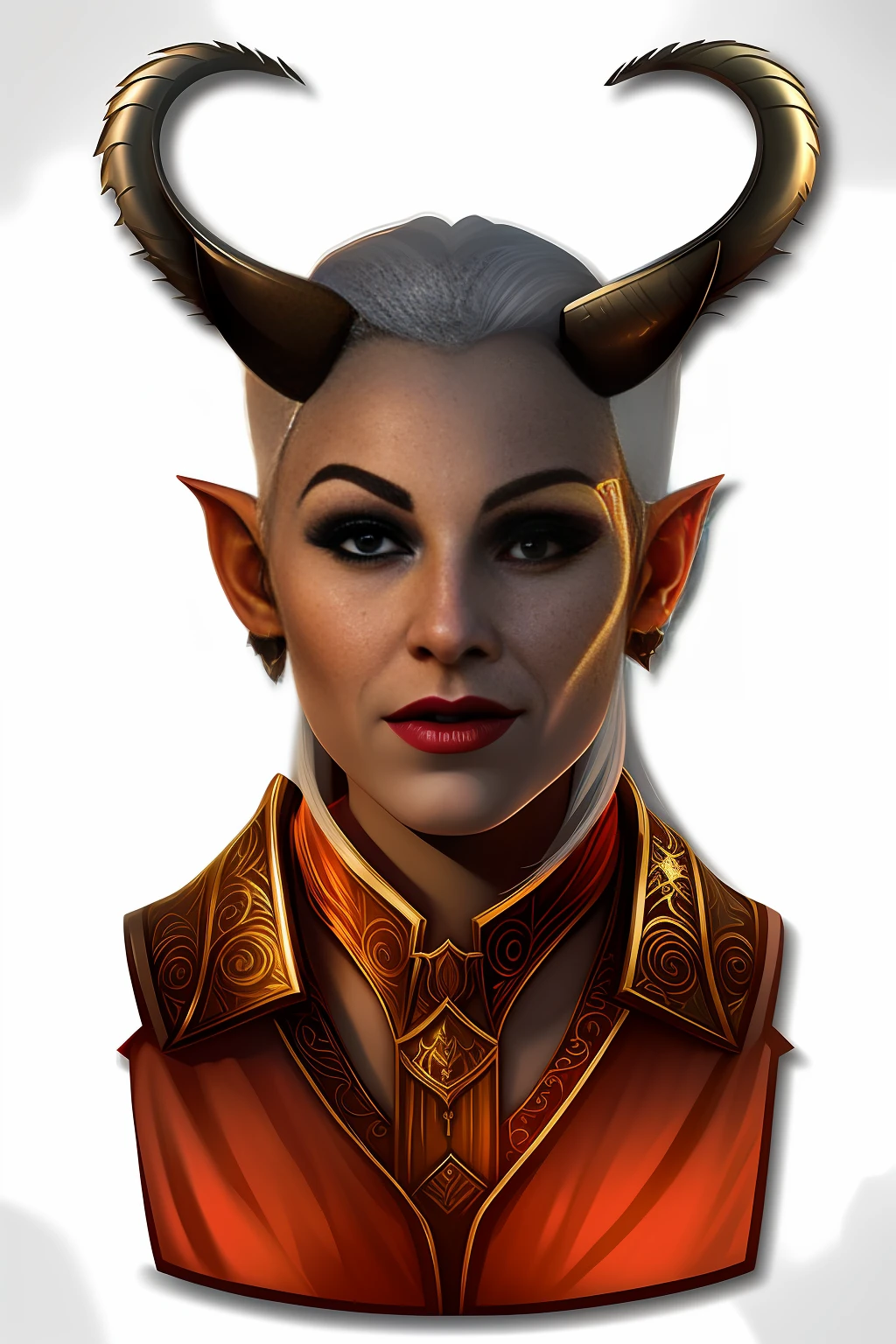 a closeup of a silver blonde white albino woman with horns on her head, frightening open smile, dnd portrait of a tiefling, fantasy character portrait, tiefling female sorceress, fantasy characture portrait, attractive tiefling druid, portrait of a female elf sorcerer, tiefling, dnd character art portrait, detailed character portrait, detailed matte fantasy portrait, Symmetrical Fantasy RPG Portrait, DND Portrait, Goblin Female Portrait