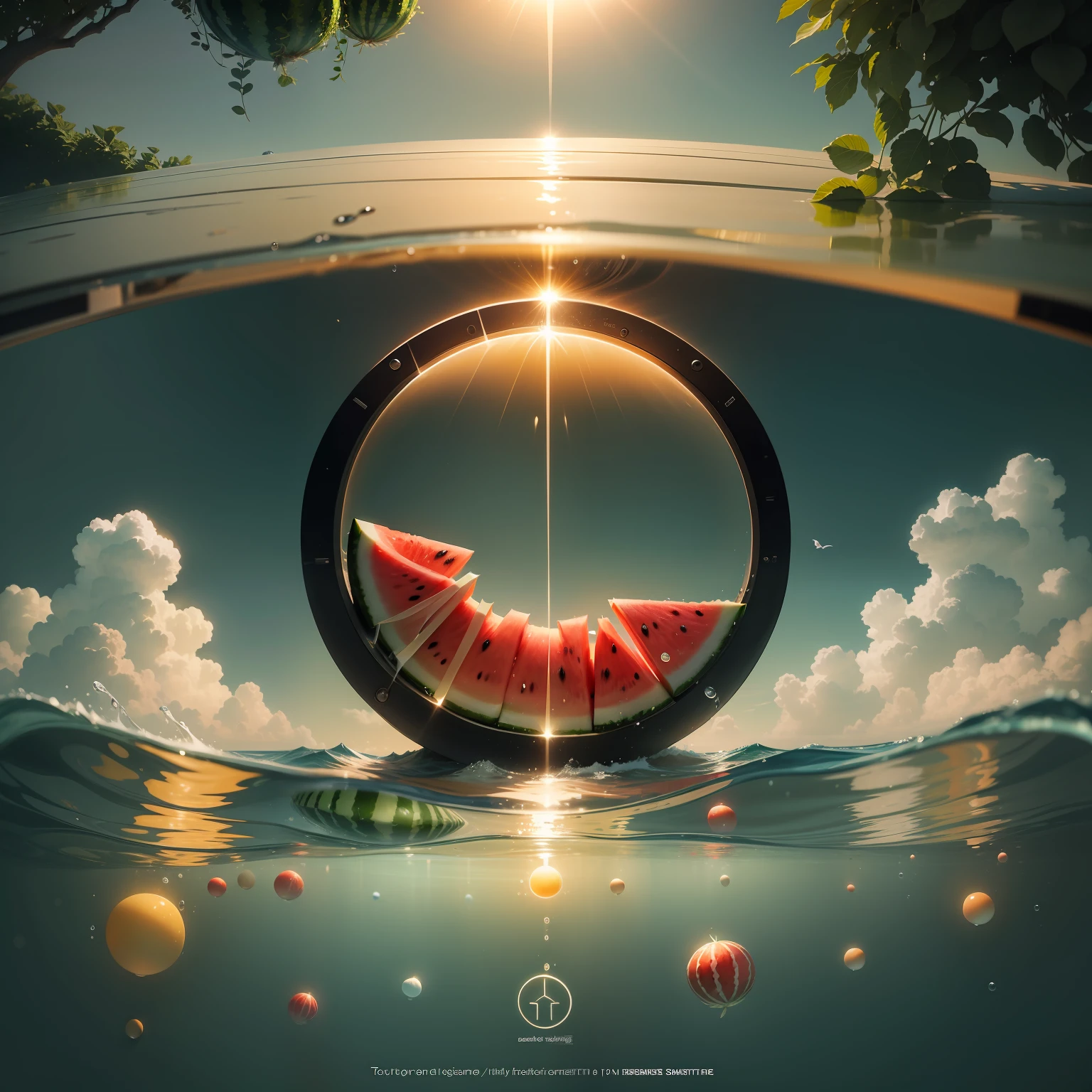 High-end sense, atmosphere, summer solstice season poster, refreshing, watermelon, seawater, innovative design, sense of space, creativity, film and television style