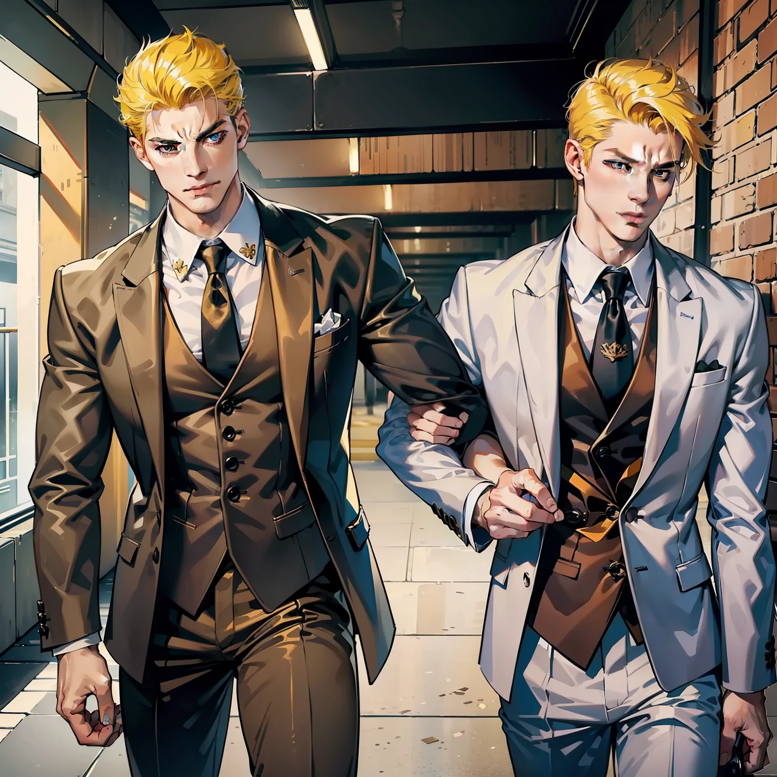 Two men (back, muscular man, wearing suit and leather shoes, tall, yellow hair, angry) (male, short black hair, fine eyes, bad smile, bachelor uniform single, underground passage), pulling each other