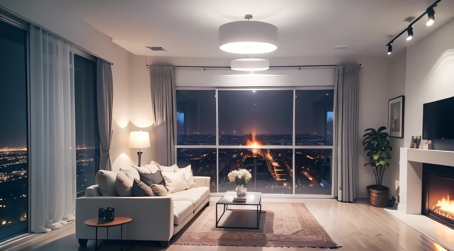 Studio room with fireplace and large windows of transparent glass is an even cozier environment at night. The digital influencer can enjoy the panoramic view of the illuminated city and the brightness of the stars.
The fireplace becomes even more attractive at night, providing soft lighting and warming the environment with its warmth. The sound of the crackling of the flames creates a relaxing and pleasant atmosphere to record videos.
The artificial lighting of the environment is strategically positioned to ensure that the influencer has adequate lighting during the video recordings. Ceiling lamps and desk lamps are used to create a soft and pleasant lighting.
The influencer can take advantage of the quiet and comfortable environment to focus on the content they will produce. The studio room with fireplace and large transparent glass windows is a highly inspiring and elegant place where the influencer can record quality videos and relevant content at any time of the day or night.