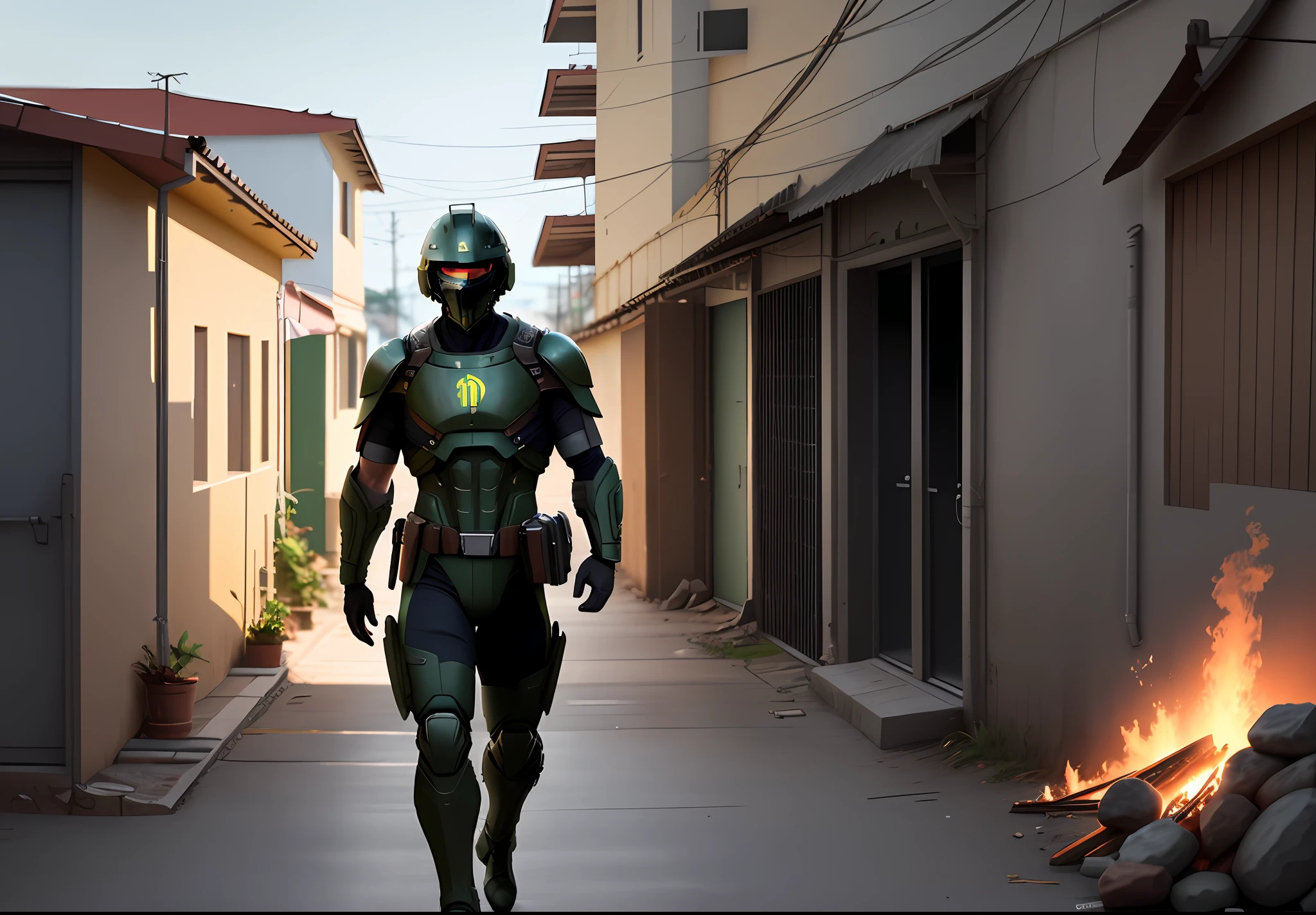 a spartan soldier invading a brazilian favela, photorealistic, taken using a Canon EOS R camera with a 50mm f/1.8 lens, f/2.2 aperture, shutter speed 1/200s, ISO 100 and natural light, Full Body, Hyper Realistic Photography, Cinematic, Cinema, Hyperdetail, UHD, Color Correction, hdr, color grading, hyper realistic CG animation --ar 4:5 --upbeta --q 2 --v 5, d
