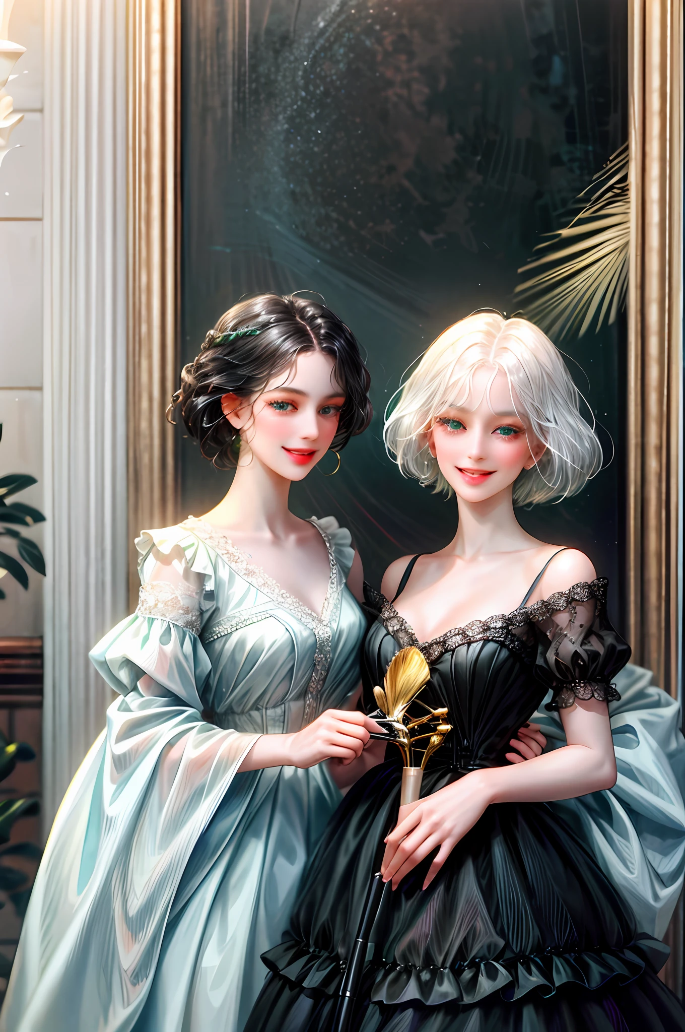 Two girls one Girl with black hair and bright green eyes with brushes in her hand is an artist, beautiful and free, with a radiant and happy smile on her face and the other as Elegant and delicate doll with fringed white hair and blue eyes