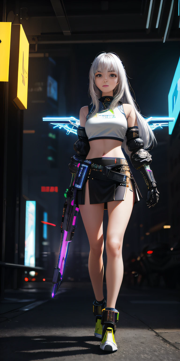 ((Best Quality)), ((Masterpiece)), (High Definition:1.3), 3D, Beautiful, (Cyberpunk:1.6), Universe, Nebula, (holding_weapon:1.3), Laser, (1 Female Mecha:1.3), Sexy Body, Facing the Audience, Glowing Eyes, Full Body, (Fly, Swoop, Dynamic, Motion Blur: 1.4), (Giant Mech Wings: 1.6), Look Up, glowing_eyes, Mechanics, Panorama, Earth Background, Nebula, Space, Particles, Reality, HDR (High Dynamic Range), Ray Tracing, NVIDIA RTX, Super Resolution, Unreal 5, Subsurface Scattering, PBR Textures, Post-Processing, Anisotropic Filtering, Depth of Field, Maximum Clarity and Clarity, Multilayer Textures, Albedo and specular maps, surface shading, accurate simulation of light material interactions, perfect proportions, octane rendering, two-tone lighting, large aperture, low ISO, white balance, rule of thirds, 8K RAW, efficient subpixel, subpixel volume product, (best quality), (Japanese:0.5), (Korean: 0 .8), (Liu Yifei: 1.5) Long Hair, (Big: 1.2), (Under: 1.5), (White Transparent Lace Mini Skirt: 1.5), Realistic, One Girl, Silver Hair, Very Long Hair, Green Eyes, Shining Eyes, Crop Top, Skirt, Parted Lips, Blush, Night, Flower, Sun, Sunlight,