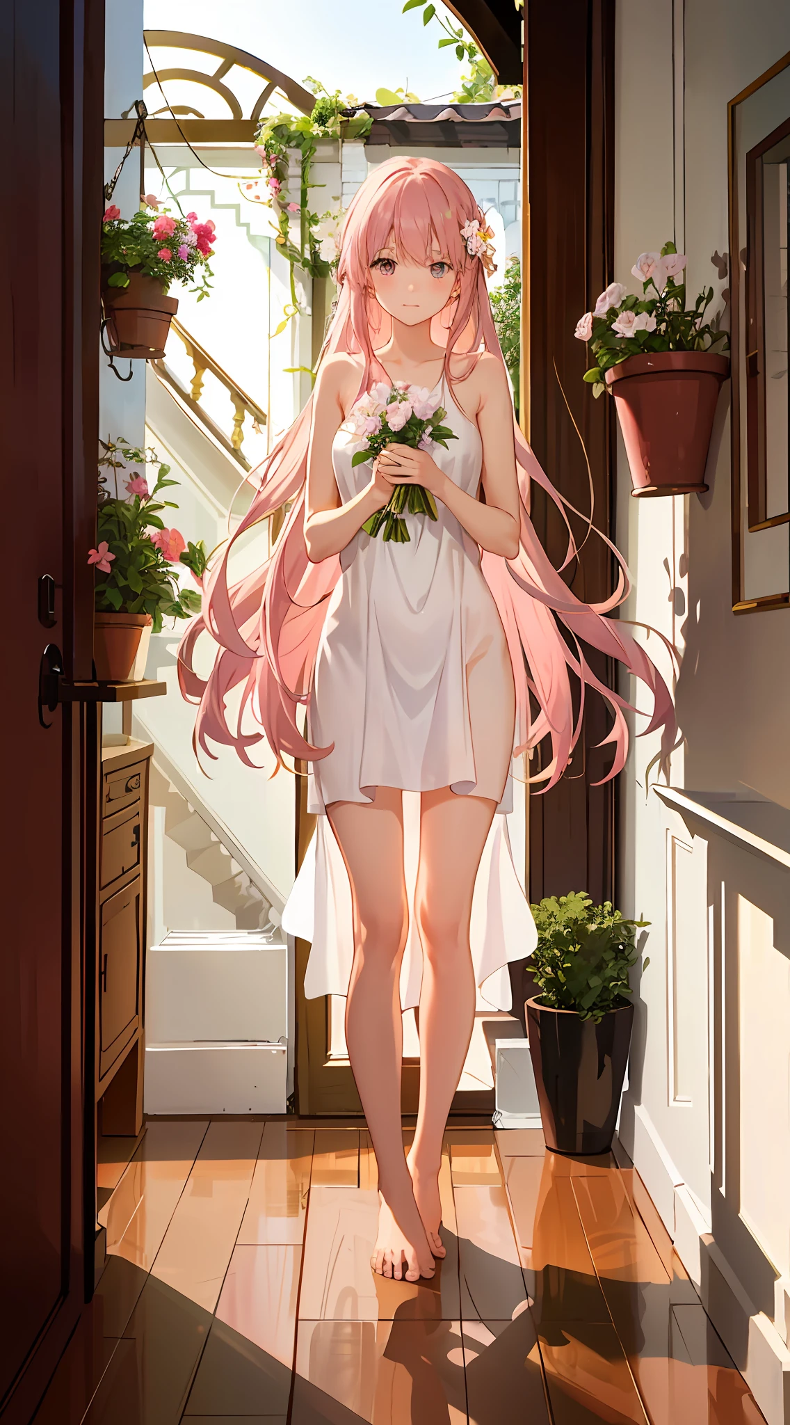 ((High detail)), shy and delicate girl, long hair, pink dress, open door, flower pot hanging on the wall, house decorated with plants, flowers illuminated by the sun, standing, full body, facing the camera, illustration, barefoot ((nude))