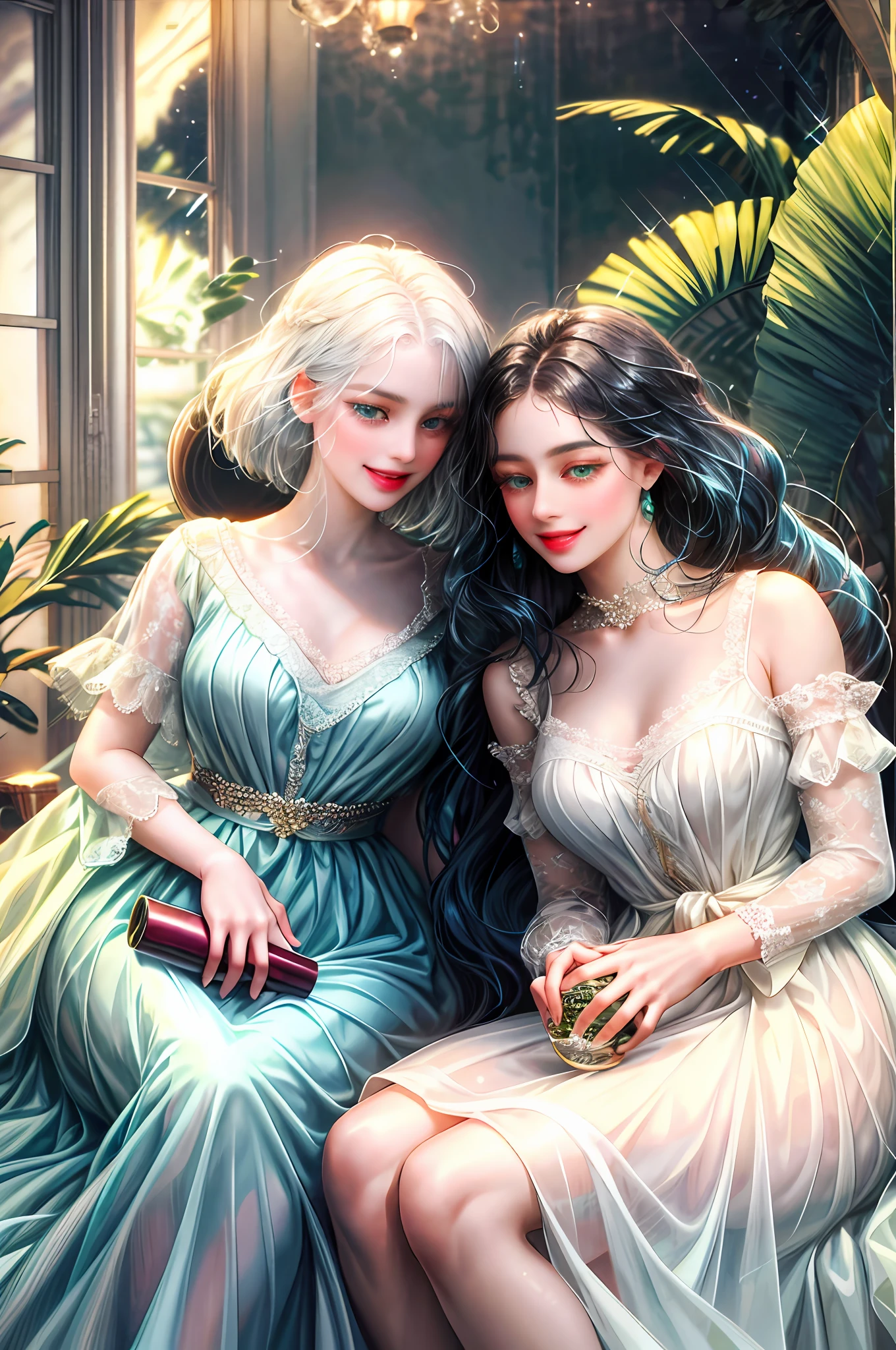 Two girls one Girl with black hair and bright green eyes with brushes in her hand is an artist, beautiful and free, with a radiant and happy smile on her face and the other like Elegant and delicate doll with fringed white hair and blue eyes lying in a transparent glass jar inside the jar is a chubby stuffed animal similar to her,  lesbian couple, lovers, romance