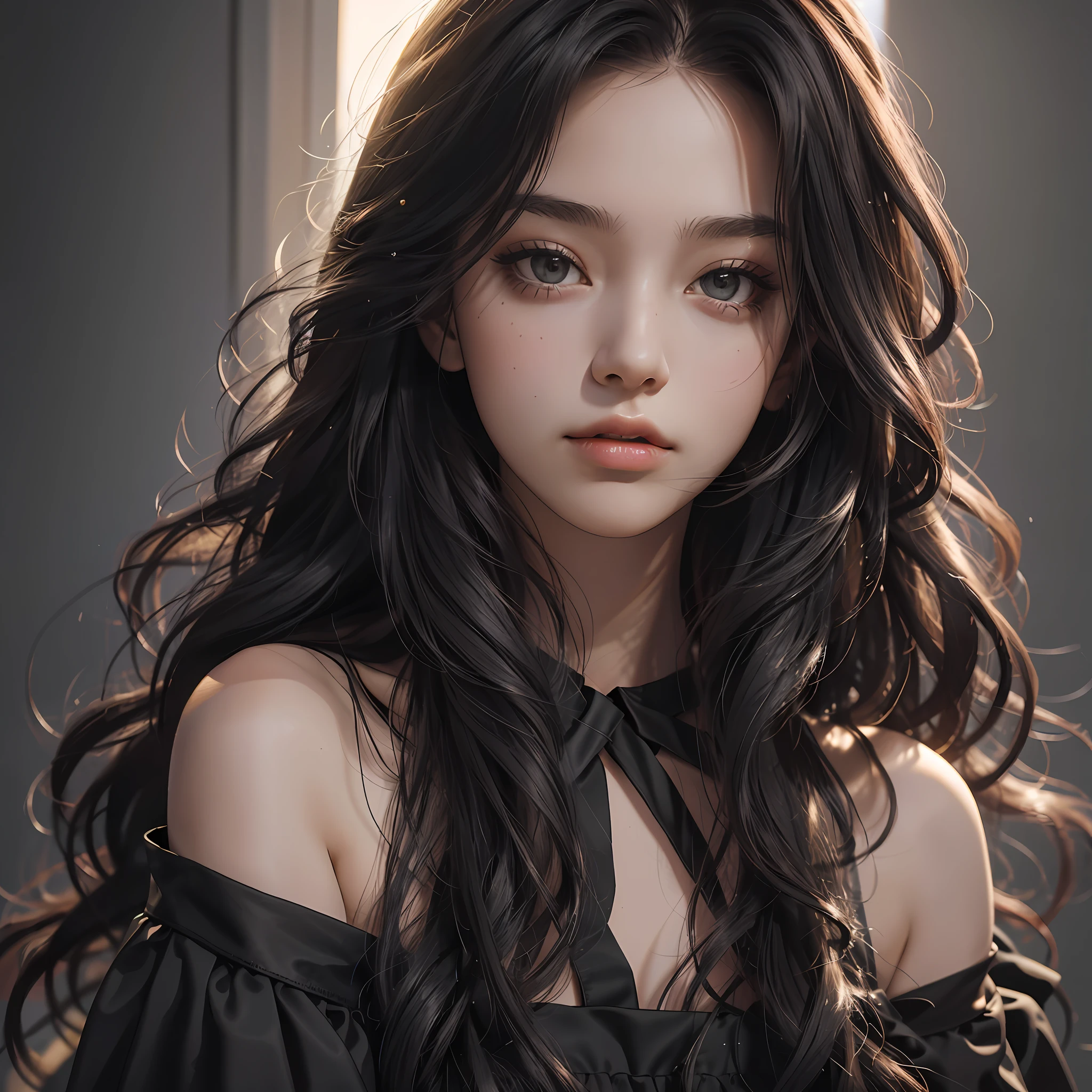 RAW photo, masterpiece, best quality, (1girl), 20yo, studio, cool pose, black dress, stunning beauty, close-up portrait, waist high portrait, sun light, nature light, off shoulder dress, long curly hair, messy hair, studio light, cinematic, ultra realistic, photorealism, dark background