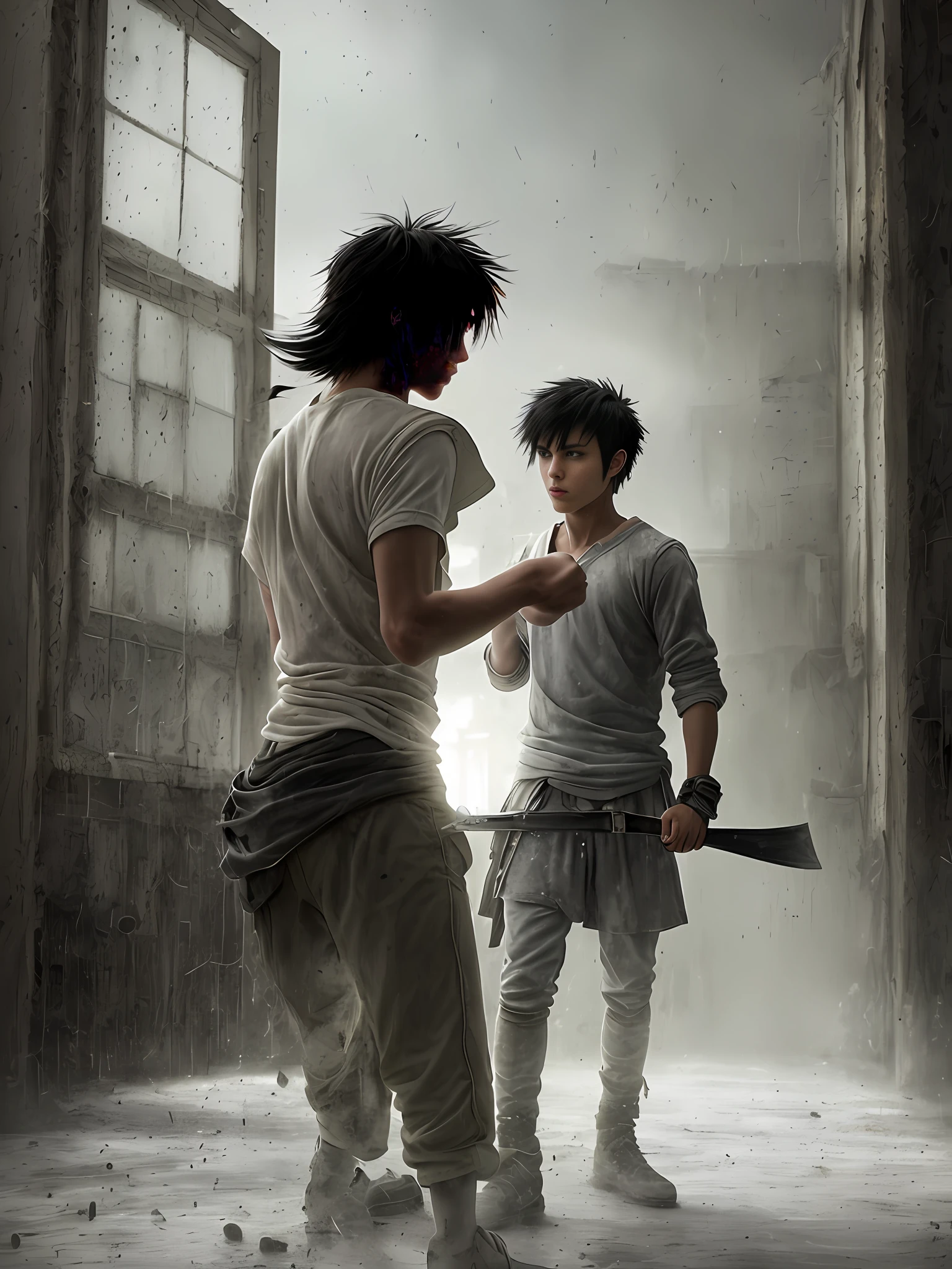 black haired male teenager fighting against, combat, duel, angry, realistic epic, photo, faded, complex things around, background room all white, windowless, soaked, neutral colors, ((((HDR)))), ((((soft colors)))), intricate scene, artistic station, intricate details, vignette, dodging punches