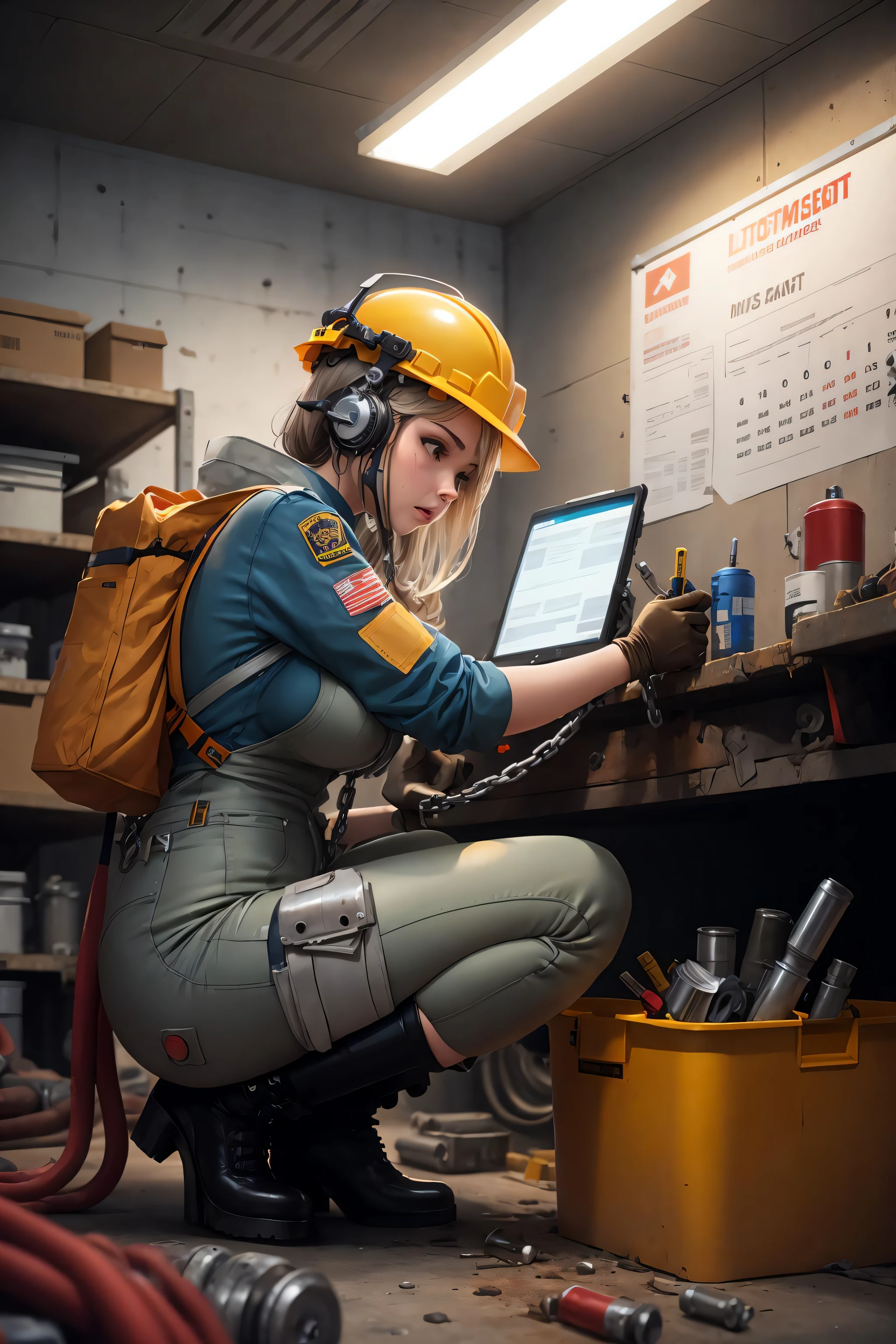 masterpiece, best quality, ultra-detailed, illustration, 1girl, solo, shiny, reflective, latex, work suit, voluptuous, body, squatting, detailed, work shoes, messy, workshop, industrial, high heels, black, red, silver, metallic, gloves, goggles, protective, equipment, machinery, tools, sparks, dirt, grime, oil, stains, sweat, exhaust, pipes, gauges, dials, buttons, levers, cables, wires, hydraulic, systems, hydraulic press, crane, pulley, welding, torch, grinder, drill, saw, hammer, screwdriver, wrench, pliers, spanner, toolbox, fire extinguisher, first aid kit, ventilation, ducts, light fixtures, emergency exit, warning signs, caution tape, posters, calendar, coffee mug, dirty, workbench, storage, shelves, bins, lockers, hard hat, safety vest, ear muffs, face shield, respirator, smoke, fumes, debris, concrete floor, concrete walls, metal beams, rivets, bolts, screws, nuts, washers, chains, ropes, hooks, clamps, magnets, bearings, lubricants, fluids, solvents, adhesives, lubrication, maintenance, repair, overhaul, upgrade, installation, assembly, fabrication, customization, prototype, research, development, testing, quality control, inspection, certification, compliance, regulation, standard, efficiency, productivity, innovation, excellence, satisfaction, teamwork, dedication, professionalism, empowerment, diversity, equality, respect, safety culture, industrial fashion, sci-fi, cyberpunk, dystopian
