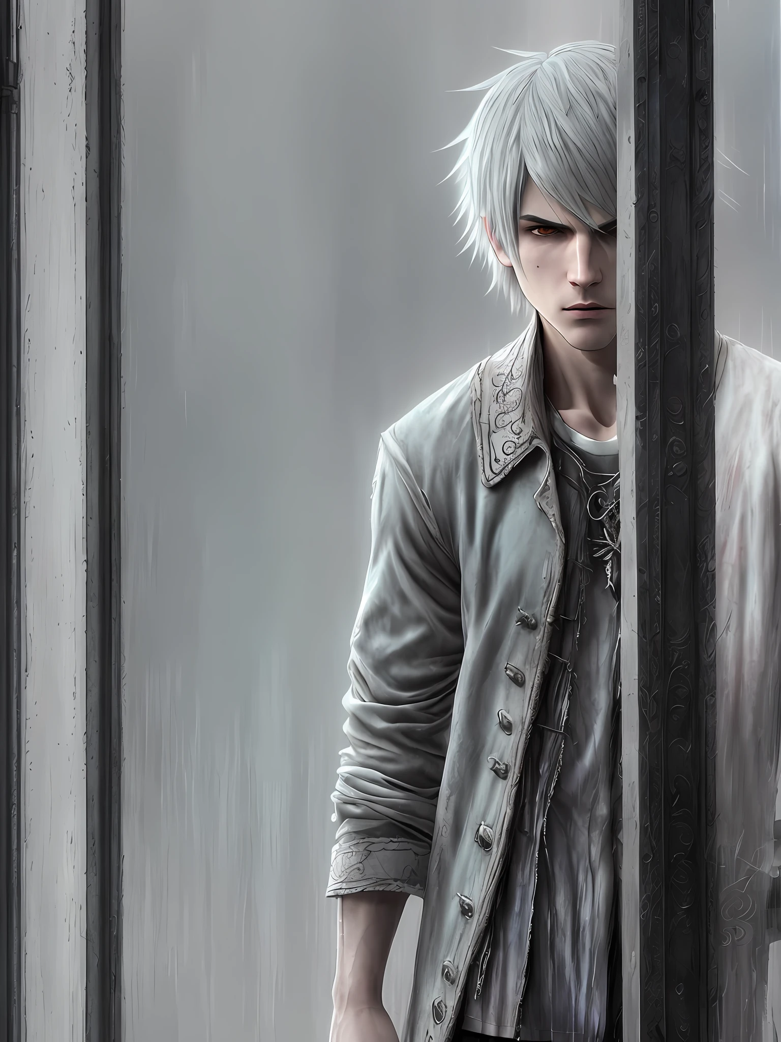 white haired male teenager, Dante Devil May Cry style hair, training with fac, angry, realistic epic, photo, faded, complex things around, room background all white, windowless, soaked, neutral colors, (((((HDR)))), ((((soft colors)))), intricate scene, artistic station, intricate details, vignette,