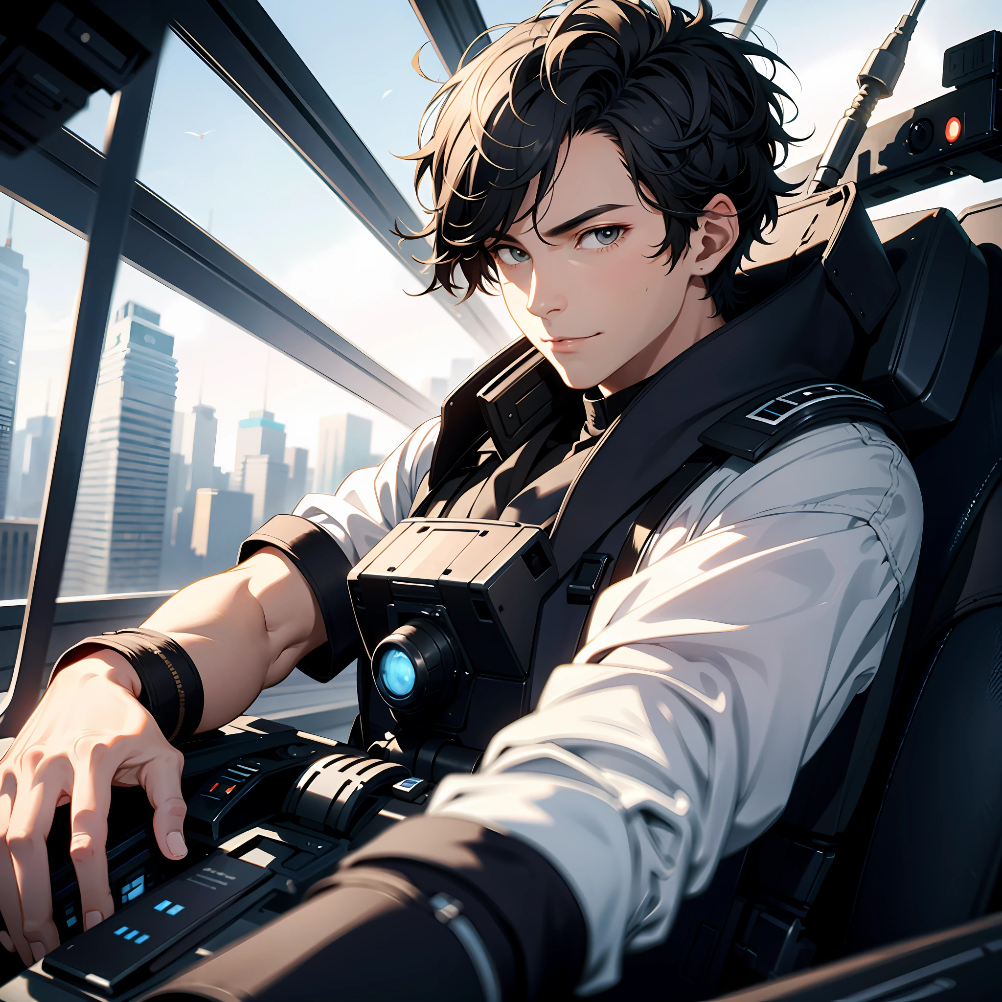 Absurd resolution, high resolution, (masterpiece: 1.4), hyper-detail, young man messy black short-haired pilot dressed up, smug expression, in the extremely narrow mech cockpit, operate