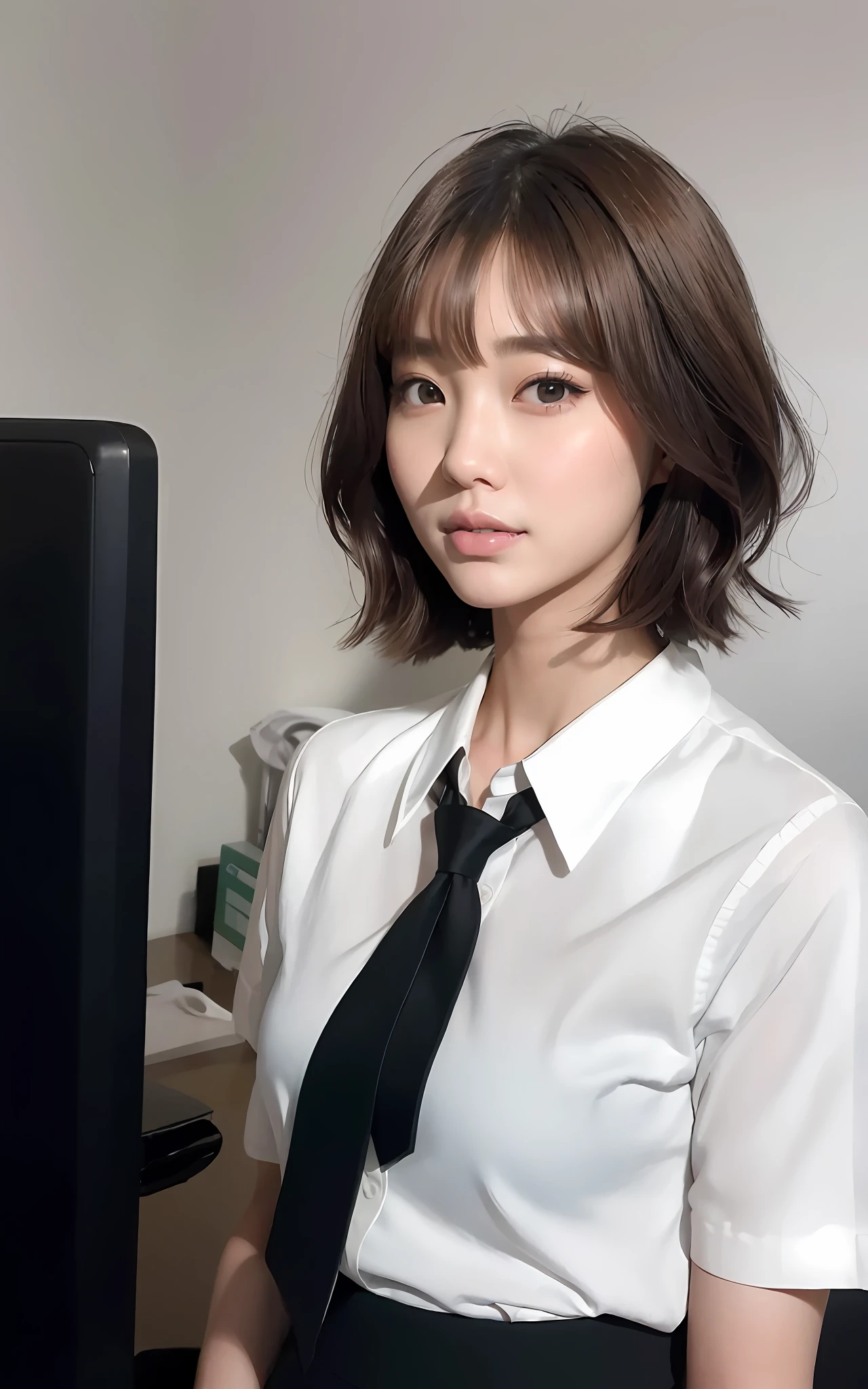 there is a woman wearing a tie and a white shirt, with short hair, beautiful south korean woman, korean girl, sun yunjoo, cute korean actress, gorgeous young korean woman, lee ji-eun, lee ji - eun, xintong chen, neat hair with bangs, short brown hair with bangs, beautiful young korean woman, heonhwa choe