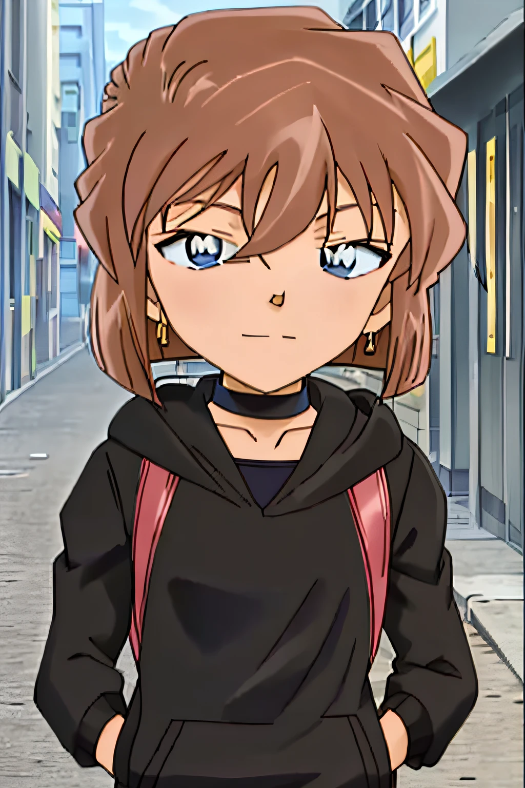 best quality, masterpiece, haibaratv,1girl, potrait brown hair, 1girl, black choker, hood, hood up, hoddie, earrings, jewelry, necklace, looking at viewer, solo, upper body, upper body