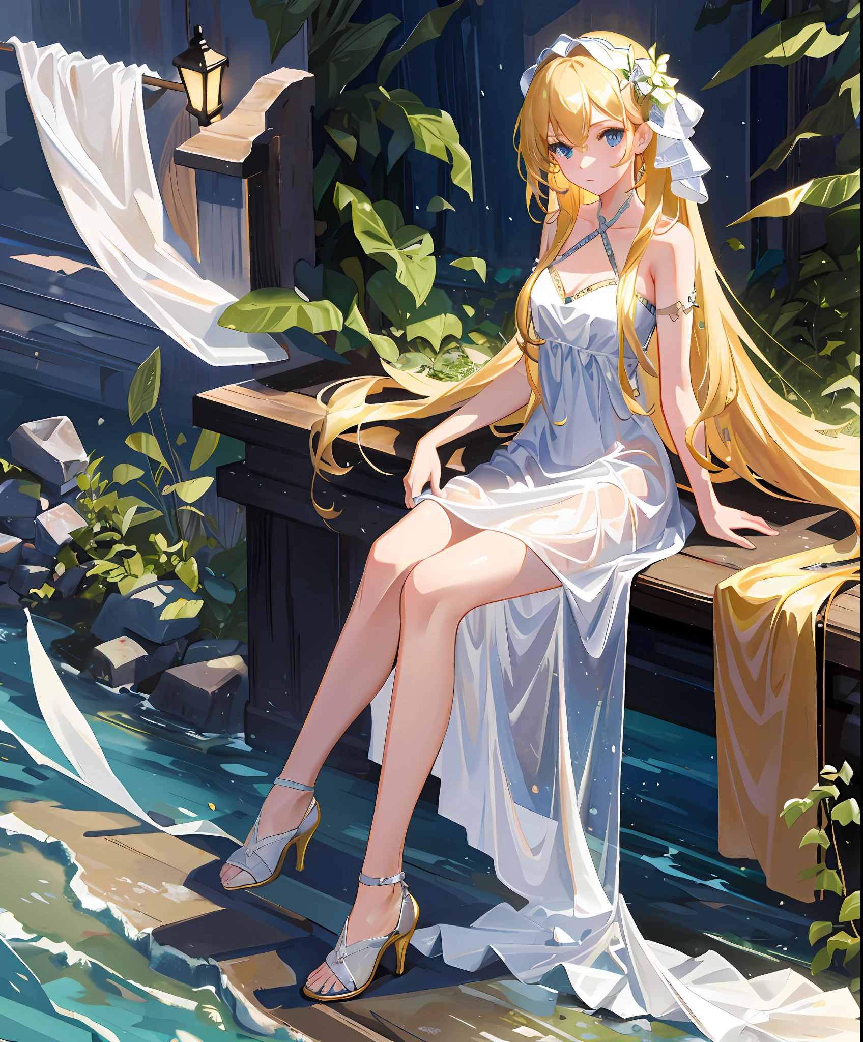 1 girl, solo, highres,looking at viewer, masterpiece,best quality, extremely detailed, perfect lighting, nude, high heels, sunny, light tracing, long hair, detailed beautiful face, looking at viewer,, wet, white dress, see-through, thights,