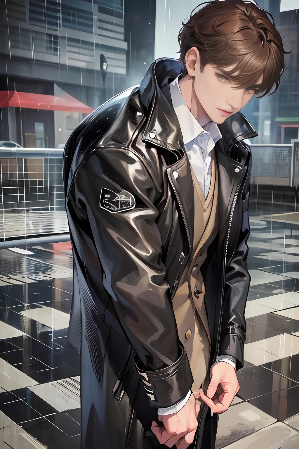 On the school playground, heavy rain, man hand over a folded umbrella, (high resolution, distinct_image) superb man, masterpiece, high detail, semi-realistic, brown short hair man, brown hair, short hair, medium hair, 18 years old, young, tall and strong, blackened coat, gray-blue clothes, students, college, , dashing, natural, handsome, authoritarian, powerful aura, exquisite facial features, facial details, man standing on a huge playground, the sky is raining heavily, rain mixed with sweat on the man's body, On the school playground, the background is on a plastic track