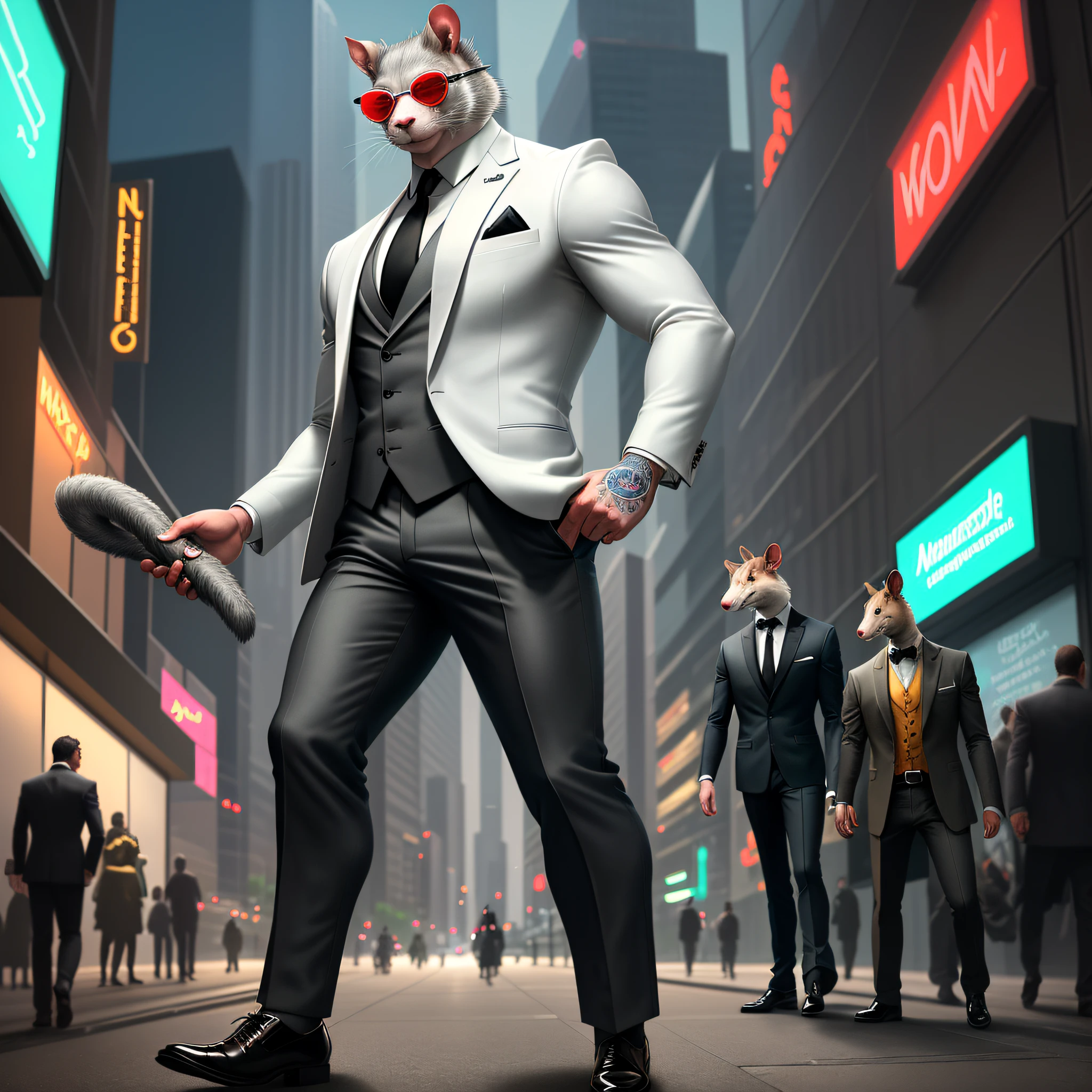 ((best quality)), ((ultradetailed)), ((masterpiece)), illustration, Scene structure: Animal anthropomorphic rats as poppers, gray rat faces and human bodies. (White suit: 1.5), hair is black, eyes are blood-red, expression is fierce, movements are exaggerated, he is muscular, wears exaggerated sunglasses, full body portrait. Behind you are tall buildings and neon flashes. Tip composition: rat gangster, animal anthropomorphism, tattooed body, muscular, cityscape, tall buildings, neon signs