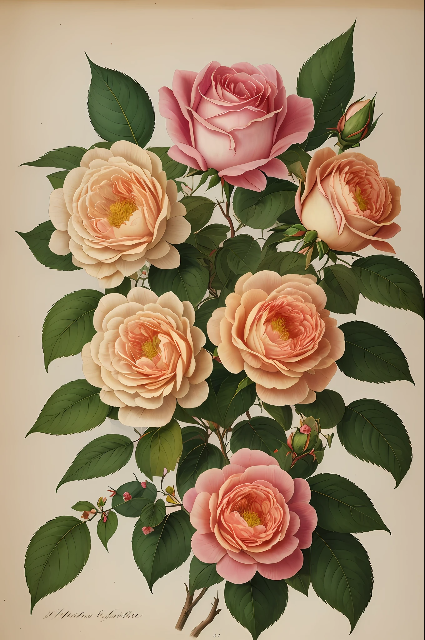 (best quality:1.2), (detailed:1.2), (masterpiece:1.2), vintage botanical illustrations of Larger Provence Rose (1770 1775) in high resolution by John Edwards