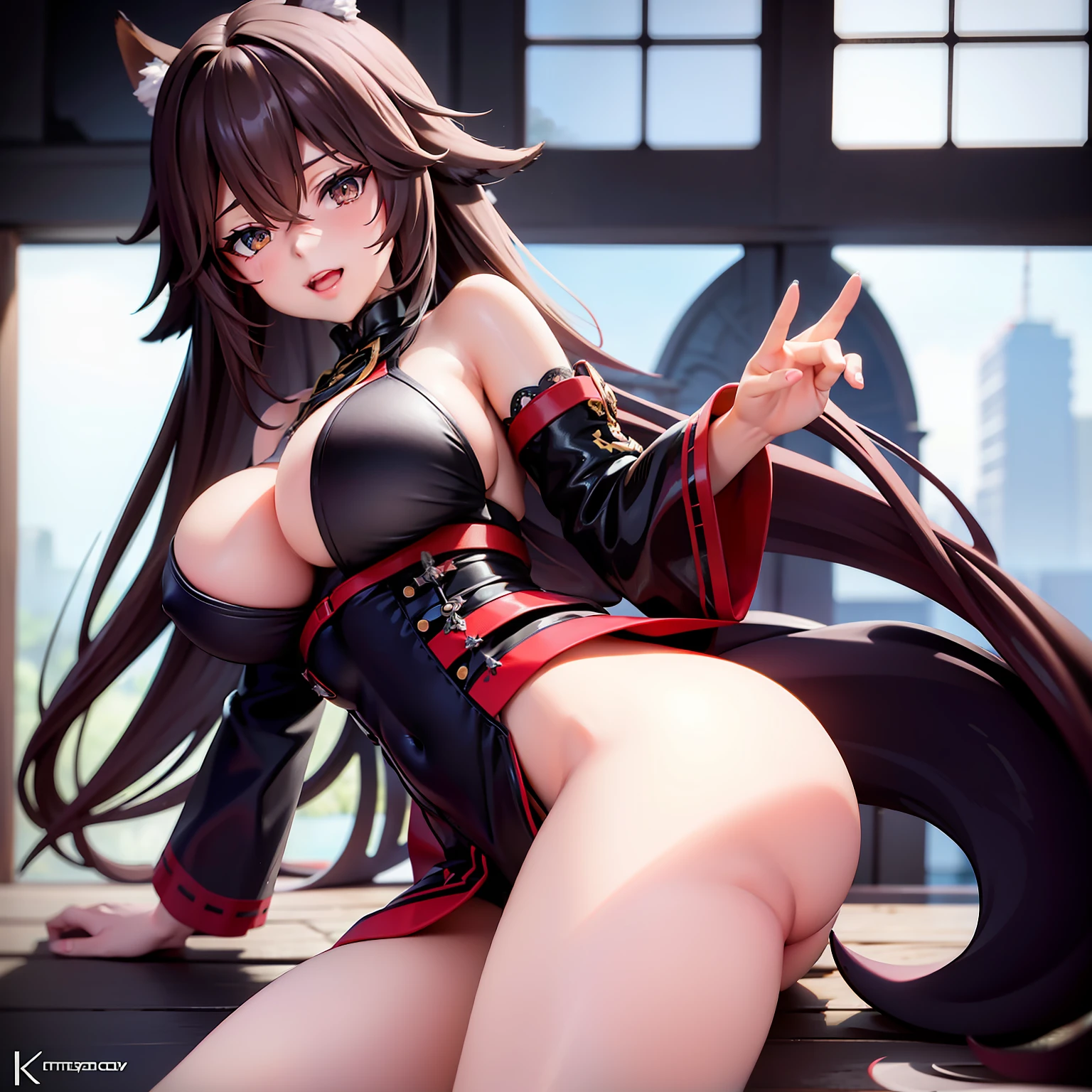 (extremely detailed background) (best quality), (highest quality), (masterpiece),1girl ,adult woman anime in a black outfit in front of a window , open window, fine details, oppai, azur lane, adult woman seductive anime, cushart krenz key art female, girls frontline universe, azur lane style, girls frontline style, alone, fox ears and fox tail, big ass ,fox tail, fox ear, big tits, thick thighs, seductive smile, beautifully detailed eyes, extremely detailed clothes,mature, exposed chest, breasts out, black hair, extremely detailed face, extremely detailed body, detailed texture, big ass, highres, partially naked, looking at the viewer, nsfw, black lingerie, open legs, solo, solo focus, brown eyes, semi naked, open mouth, intimate clothing, 8k,