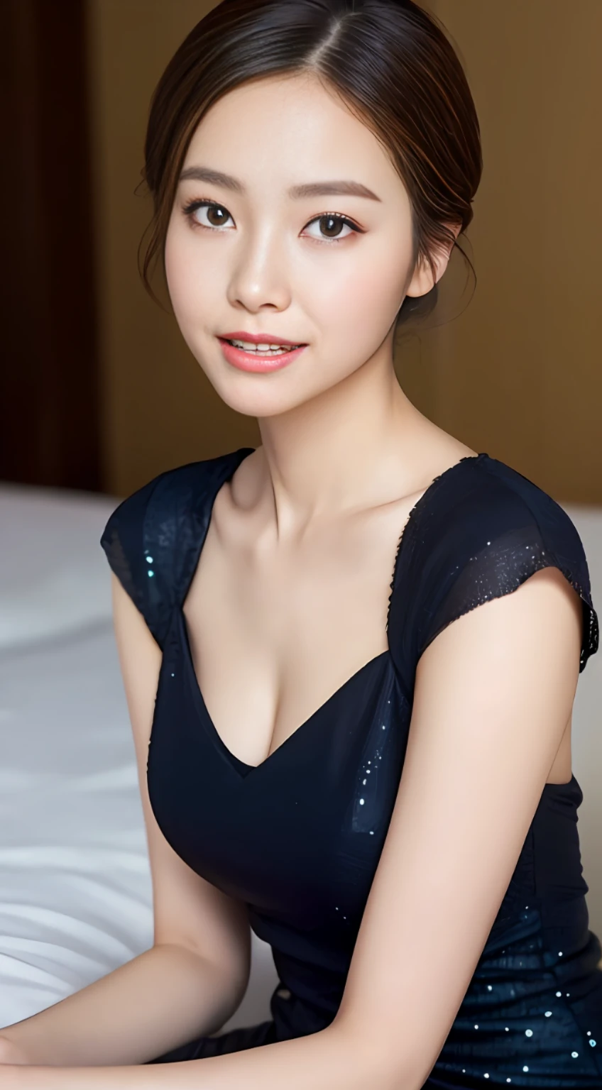 (A Korean woman), 1girl, realism, ((best quality, 8k, masterpiece: 1.3)), Nikon camera, camera aperture F1.2, photo texture, in the bedroom, high contrast, (an elegant dress), detailed skin texture, detailed fabric texture, such as a black or dark blue slim dress, paired with a pair of mid-heeled heels, can enhance the temperament. You can match it with a simple short jacket to increase the sense of layering and professionalism, with a simple and elegant handbag, it looks more decent, the hairstyle can choose a simple and neat low ponytail or a smart straight hair, the hair color should choose natural brown or black, the skin tone should choose natural base makeup, with light color eyeshadow and lipstick, it looks more decent and delicate, (snow-white skin), whitened skin, smile