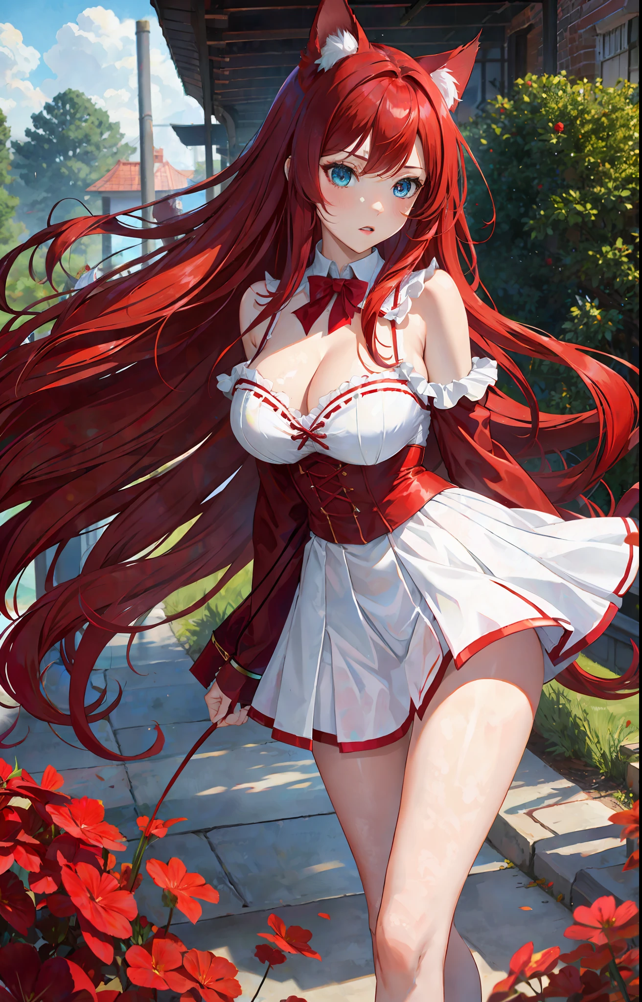 Red Panties, red underwear, red lingerie, lace panty focus, large breasts,, large breasts focus, slender body, slim body, long hair, red hair, blowing wind, princess dress, wind flashing underwear, dark red hair, cat ears, aqua blue eyes,