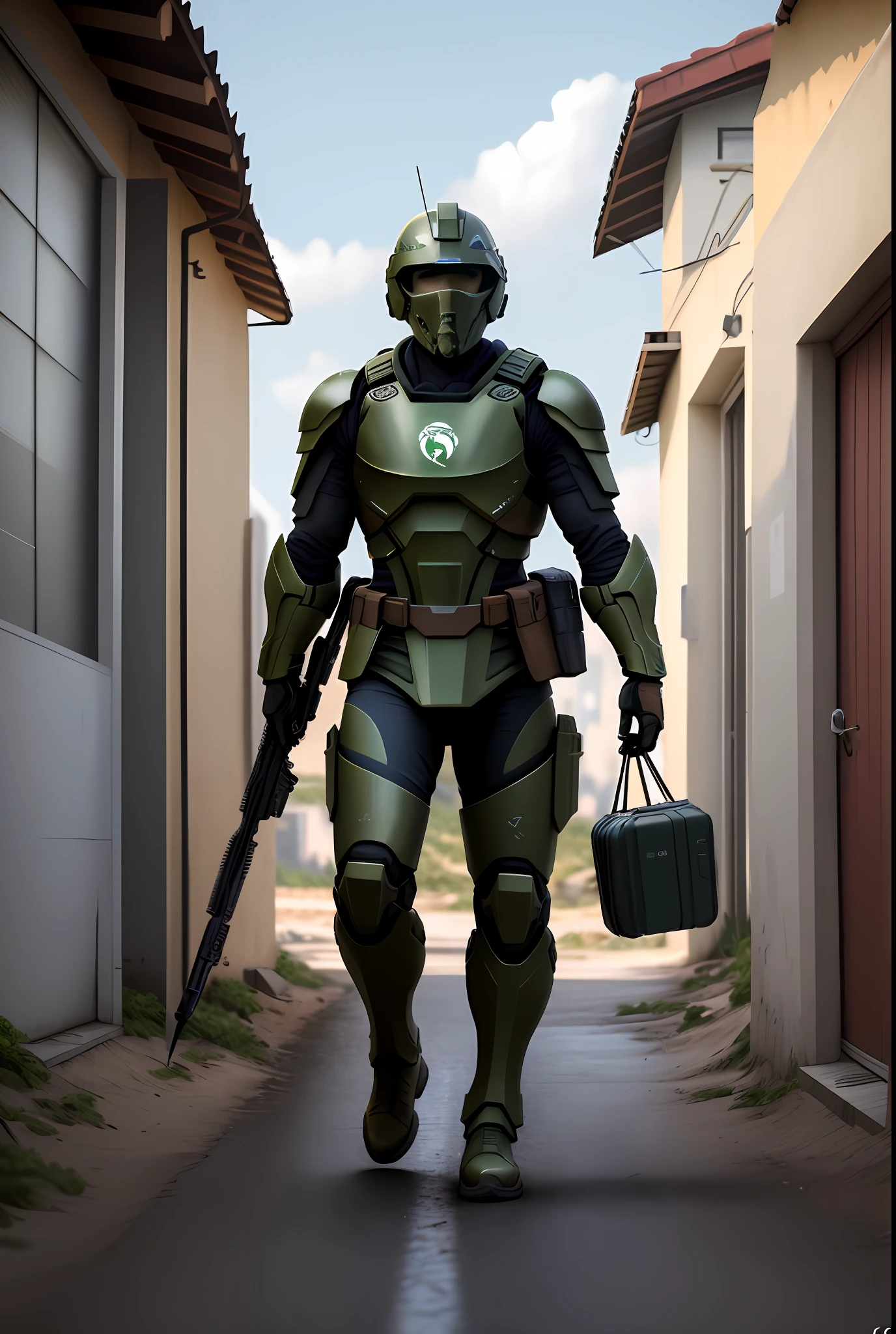 a spartan soldier invading a brazilian favela, photorealistic, taken using the Canon EOS R camera with a 50mm f/1.8 lens, f/2.2 aperture, shutter speed 1/200s, ISO 100 and natural light, Full Body, Hyper Realistic Photography, Cinema, Cinema, Hyperdetail, UHD, Color Correction, hdr, color grading, hyper realistic CG animation --air 4:5 --upbeta --q 2 --v 5,  d