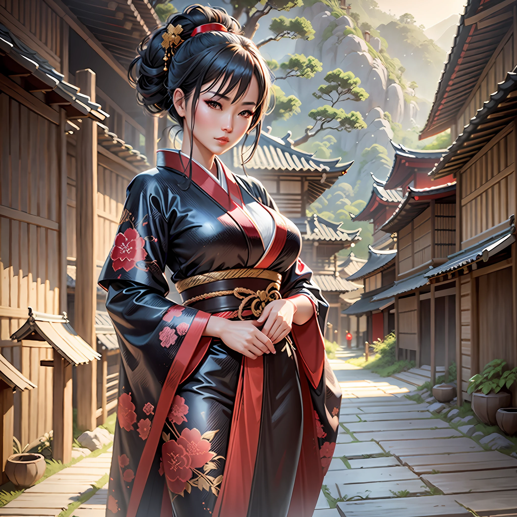A masterpiece ultra detailed digital art of a power woman with a detailed balck and red kimono. bamboo village background. Cinematic pose, cinamtic shade, cinemati light, cinematic atmosphere, ultra detailed, ultra beautiful, 9K , hight resolution