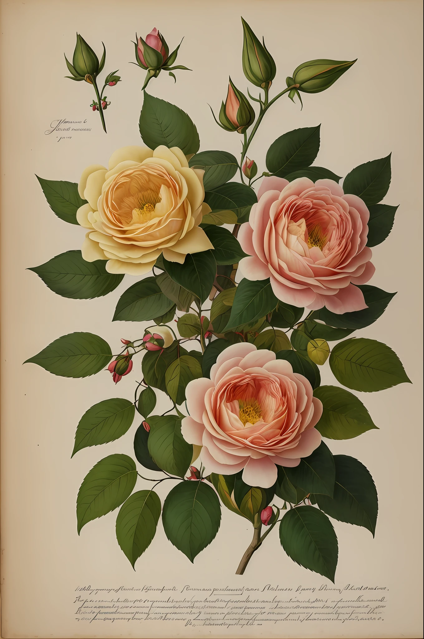 (best quality:1.2), (detailed:1.2), (masterpiece:1.2), vintage botanical illustrations of Larger Provence Rose (1770 1775) in high resolution by John Edwards