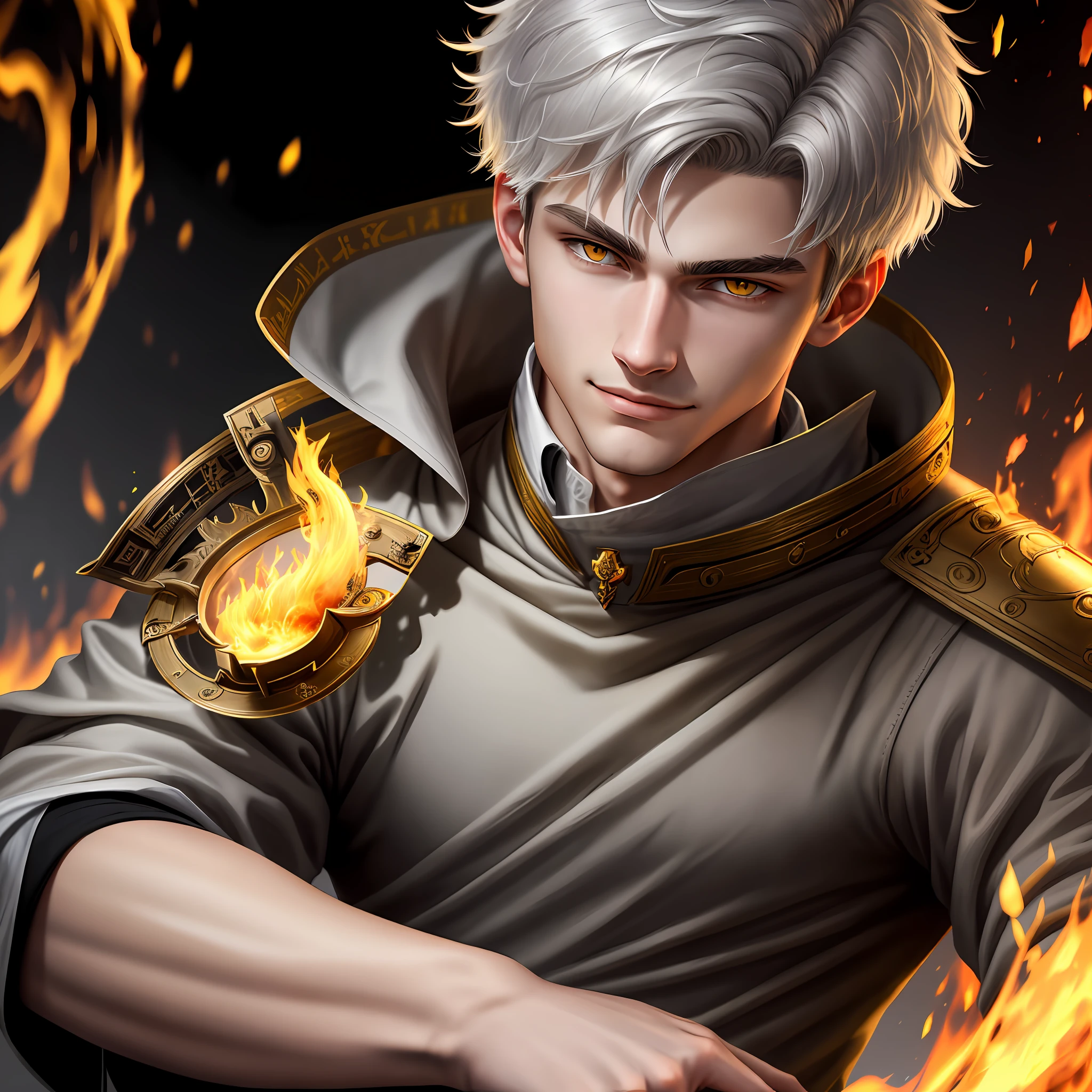 High detail, clarity, 8kk, young guy, 18 years old, light gray hair, short haircut, yellow eyes, smirk, crown, fire, realism, fantasy