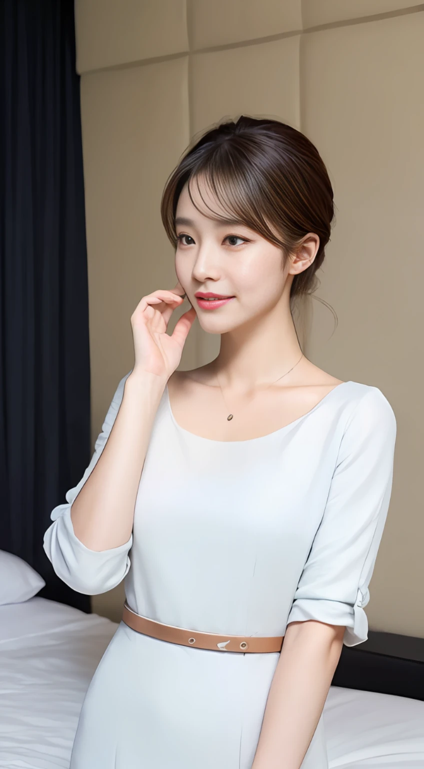 (A Korean woman), 1girl, realism, ((best quality, 8k, masterpiece: 1.3)), Nikon camera, camera aperture F1.2, photo texture, in the bedroom, high contrast, (an elegant dress), (face close-up), fine skin texture, fine fabric texture, such as a black or dark blue slim dress, paired with a pair of mid-heeled heels, can enhance the temperament. You can match it with a simple short jacket to increase the sense of layering and professionalism, with a simple and elegant handbag, it looks more decent, the hairstyle can choose a simple and neat low ponytail or a smart straight hair, the hair color should choose natural brown or black, the skin tone should choose natural base makeup, with light color eyeshadow and lipstick, it looks more decent and delicate, (snow-white skin), whitened skin, smile