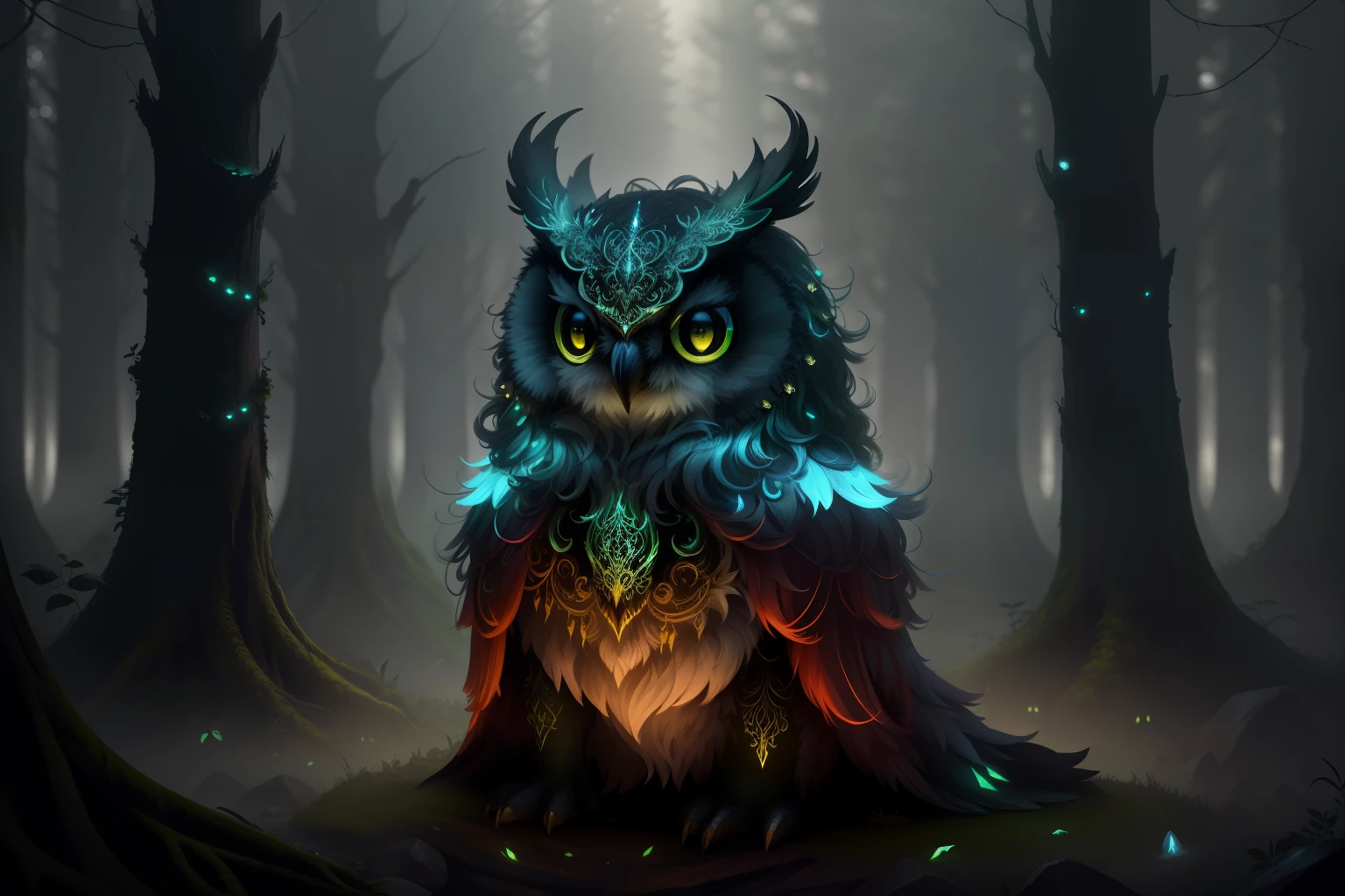 photo of a creature, monster, magic-fantasy-forest, digital art, most amazing artwork in the world, ((no humans)),volumetric light, soft balanced colours, forest scenery, vines, uhd, 8k octane render, magical, amazing, ethereal, intricate, intricate design, ultra sharp, shadows, cooler colors, trending on cgsociety, glowing eyes, ((best quality)), ((masterpiece)), (detailed), owl