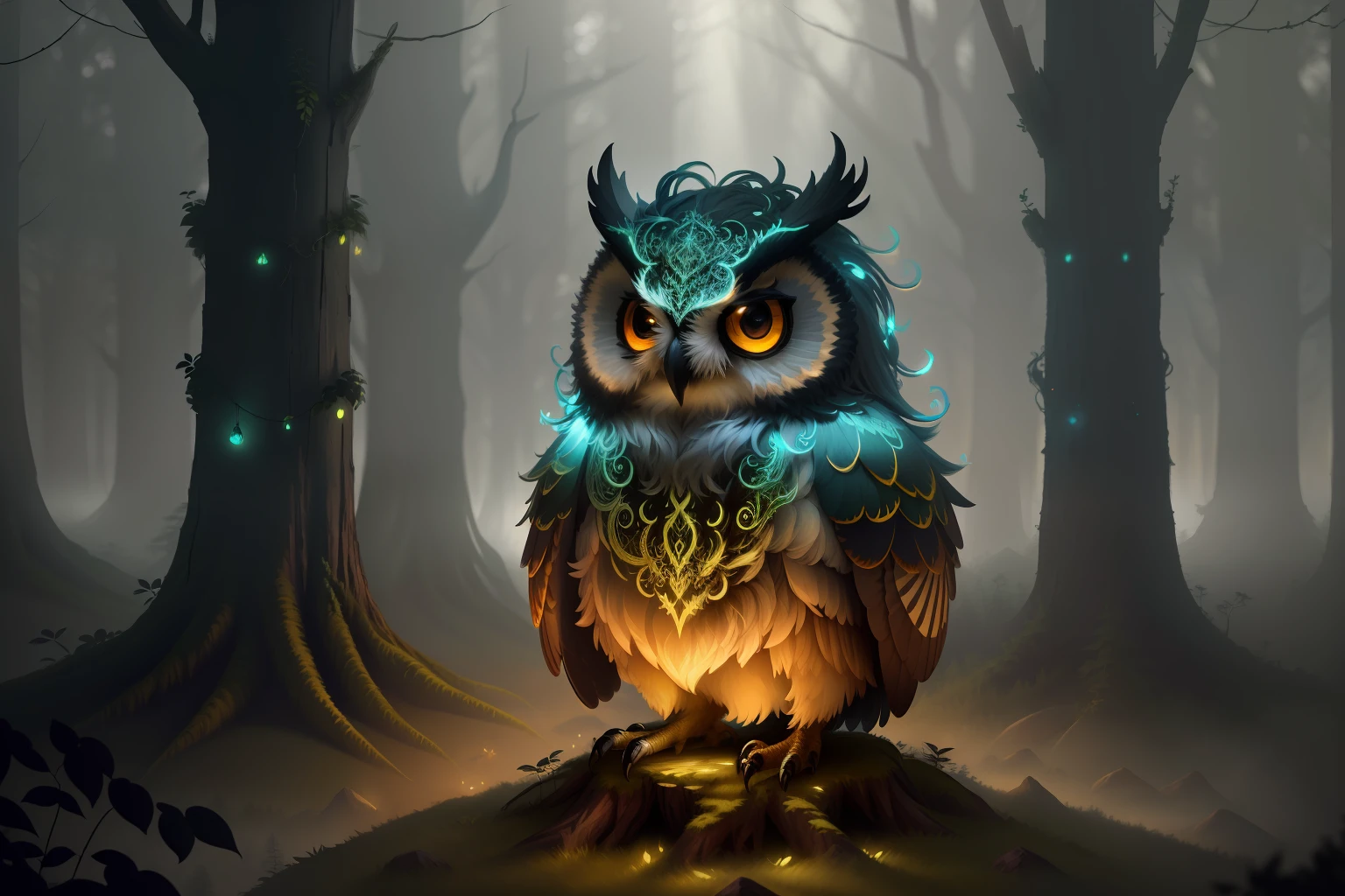 photo of a creature, monster, magic-fantasy-forest, digital art, most amazing artwork in the world, ((no humans)),volumetric light, soft balanced colours, forest scenery, vines, uhd, 8k octane render, magical, amazing, ethereal, intricate, intricate design, ultra sharp, shadows, cooler colors, trending on cgsociety, glowing eyes, ((best quality)), ((masterpiece)), (detailed), owl