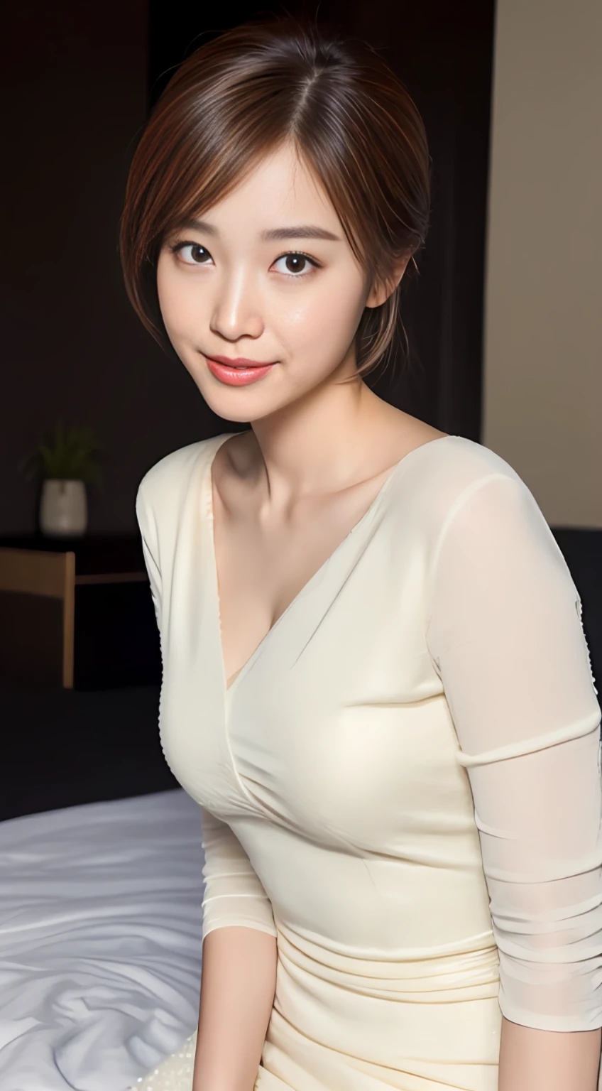 (A Korean woman), 1girl, realism, ((best quality, 8k, masterpiece: 1.3)), Nikon camera, camera aperture F1.2, photo texture, in the bedroom, high contrast, (an elegant dress), (face close-up), fine skin texture, fine fabric texture, such as a black or dark blue slim dress, paired with a pair of mid-heeled heels, can enhance the temperament. You can match it with a simple short jacket to increase the sense of layering and professionalism, with a simple and elegant handbag, it looks more decent, the hairstyle can choose a simple and neat low ponytail or a smart straight hair, the hair color should choose natural brown or black, the skin tone should choose natural base makeup, with light color eyeshadow and lipstick, it looks more decent and delicate, (snow-white skin), whitened skin, smile