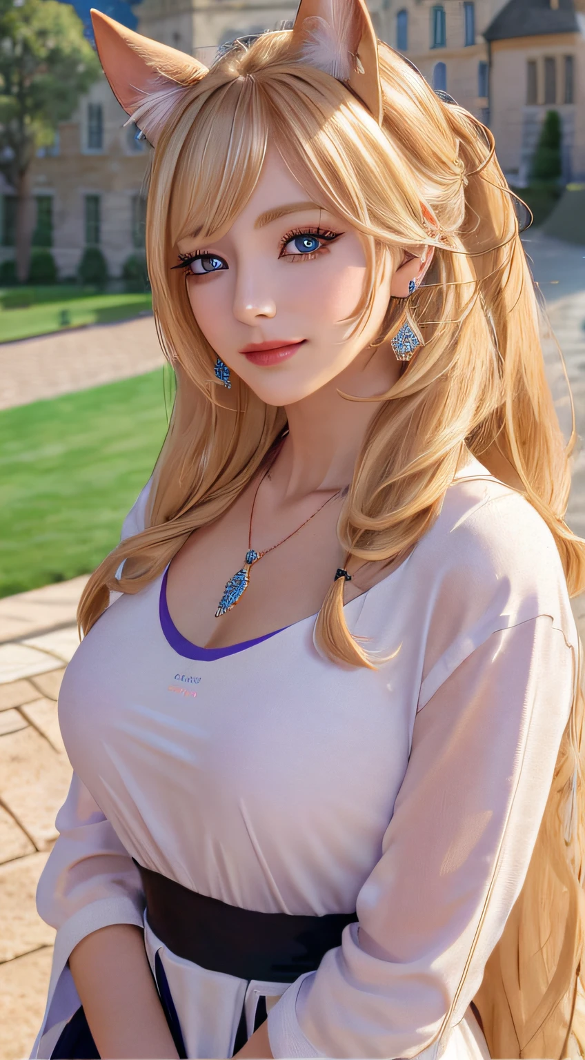 standing in front of castle, smile, necklace, earrings, full body, long blonde hair, queen dress, superb, ultra-high-definition, RAW photo, realism: 1.25), (bright lip gloss, long eyelashes, smooth face , bright skin, natural shadows, wide light, wide light, depth of field, strong colors, subtle caustics: 0.8), smile, (big tits), v6
