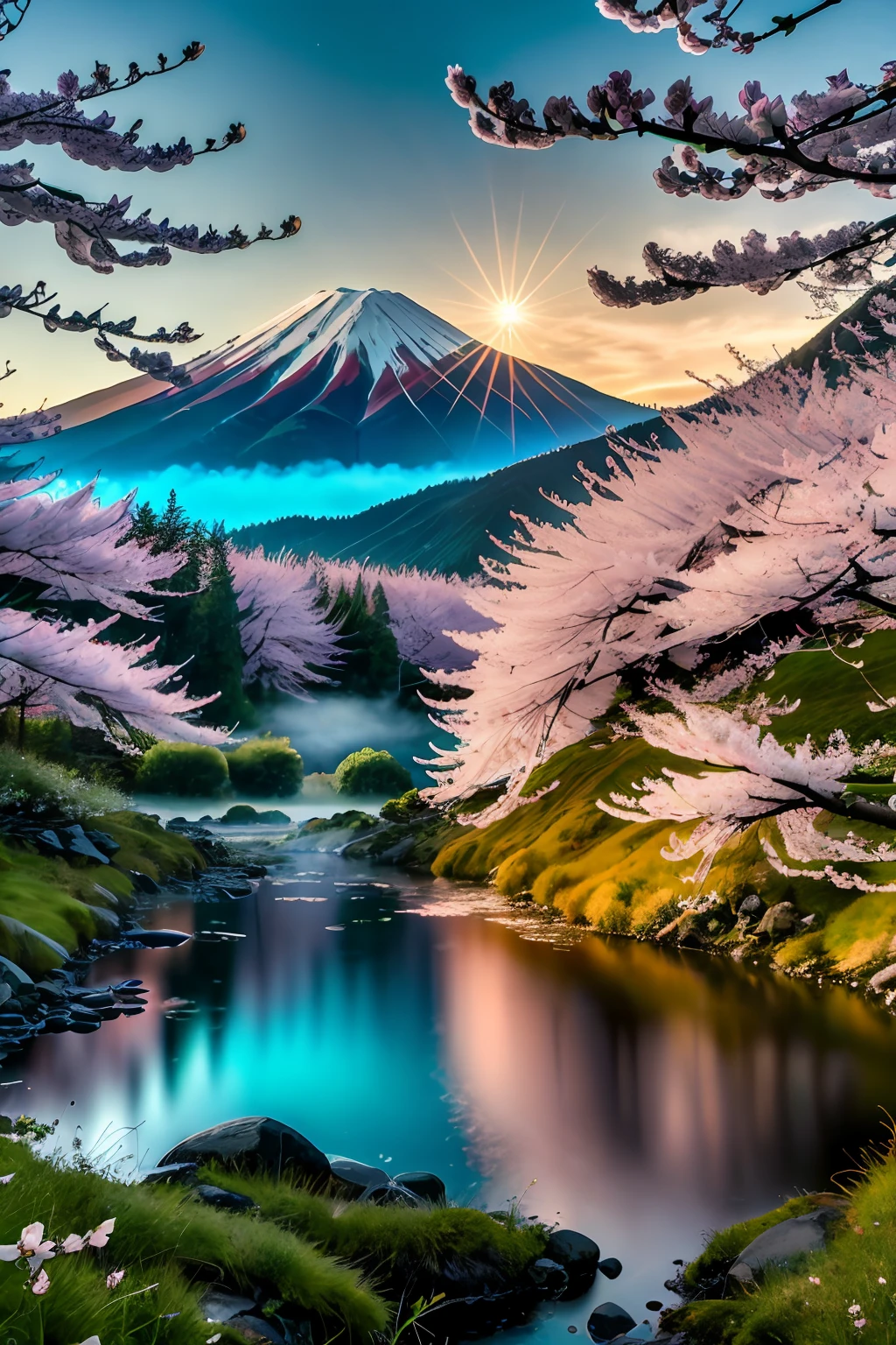 official art, RAW photo of a landscape, small details, (photorealistic:1.4), ultra-realistic photo, 8k uhd, dslr, high quality, film grain, Fujifilm XT3, (masterpiece), Mt.fuji, (solo:1.4), snow-capped mountain, lush green mountain slope, clouds billowing over the mountain slopes, (a lot of cherry blossom:1.3), (sunset), deep forests, several lakes, (mist drifting over the lake:1.2), milky way, twinkling stars, wide-angle,