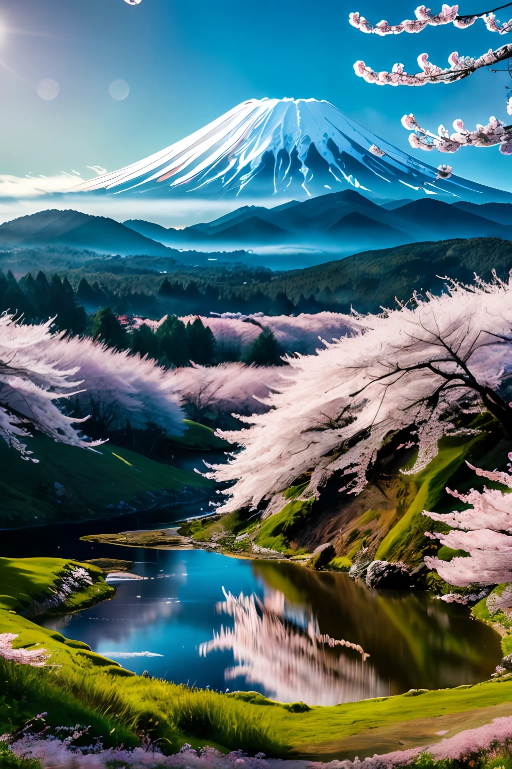official art, RAW photo of a landscape, small details, (photorealistic:1.4), ultra-realistic photo, 8k uhd, dslr, high quality, film grain, Fujifilm XT3, (masterpiece), Mt.fuji, (solo:1.4), snow-capped mountain, lush green mountain slope, clouds billowing over the mountain slopes, (a lot of cherry blossom:1.3), (sunset), deep forests, several lakes, (mist drifting over the lake:1.2), milky way, twinkling stars, wide-angle,