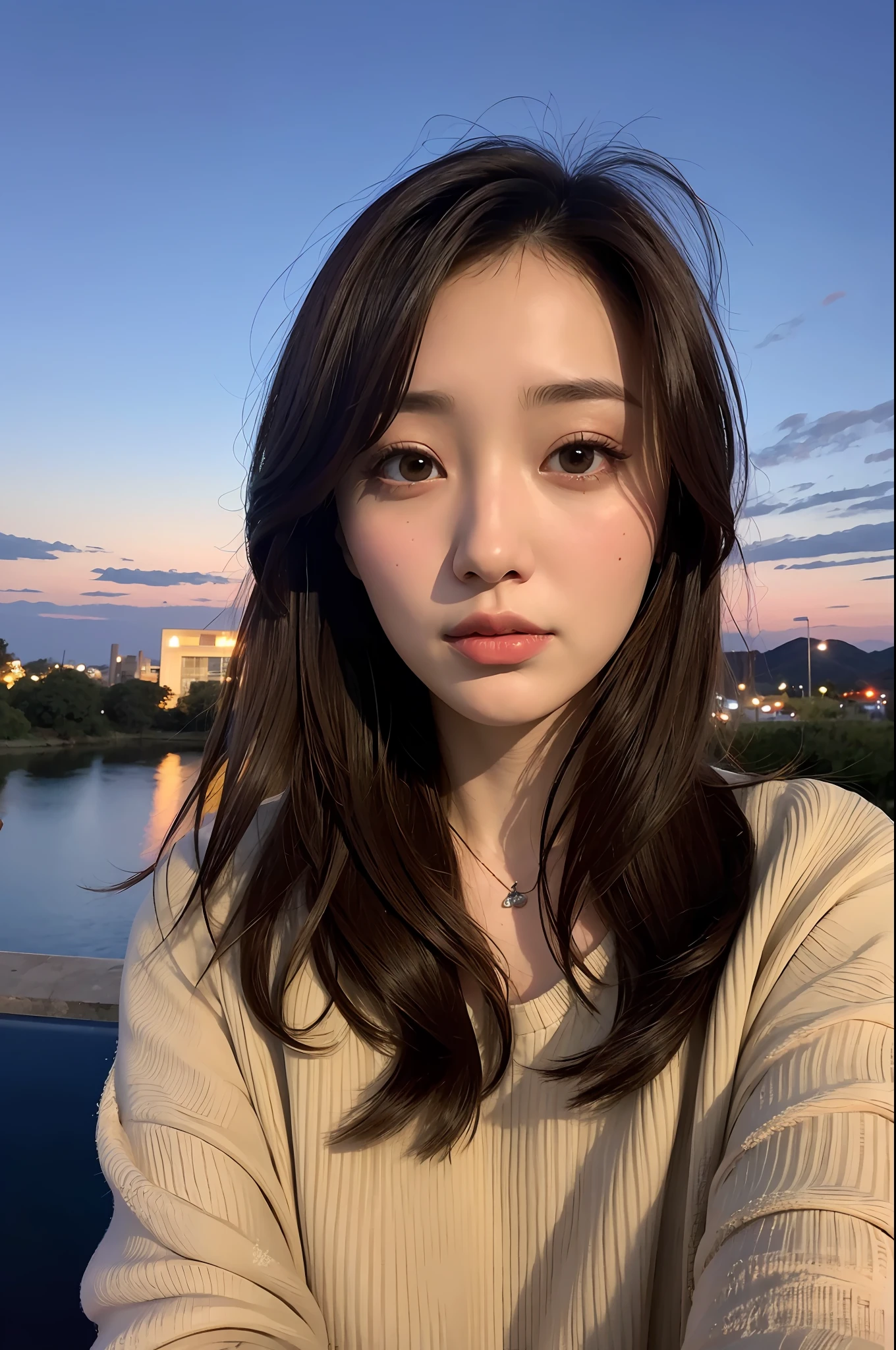 (top quality, masterpiece: 1.2), woman, portrait, night, dark café, detailed sky, yui aragaki
