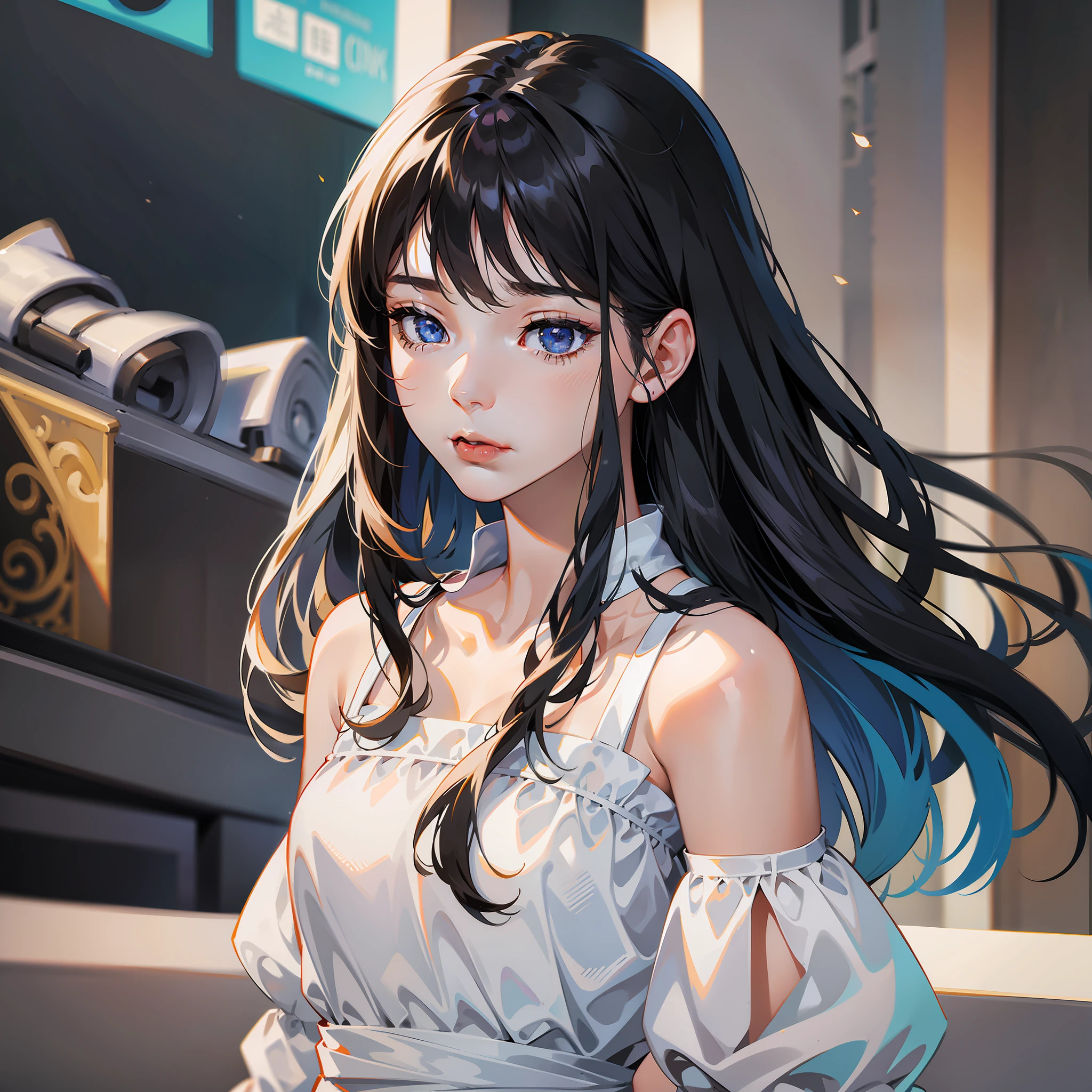Girl, fine eyes, wearing white dress, stage, long black hair, bangs, vista, sadness, speech movements