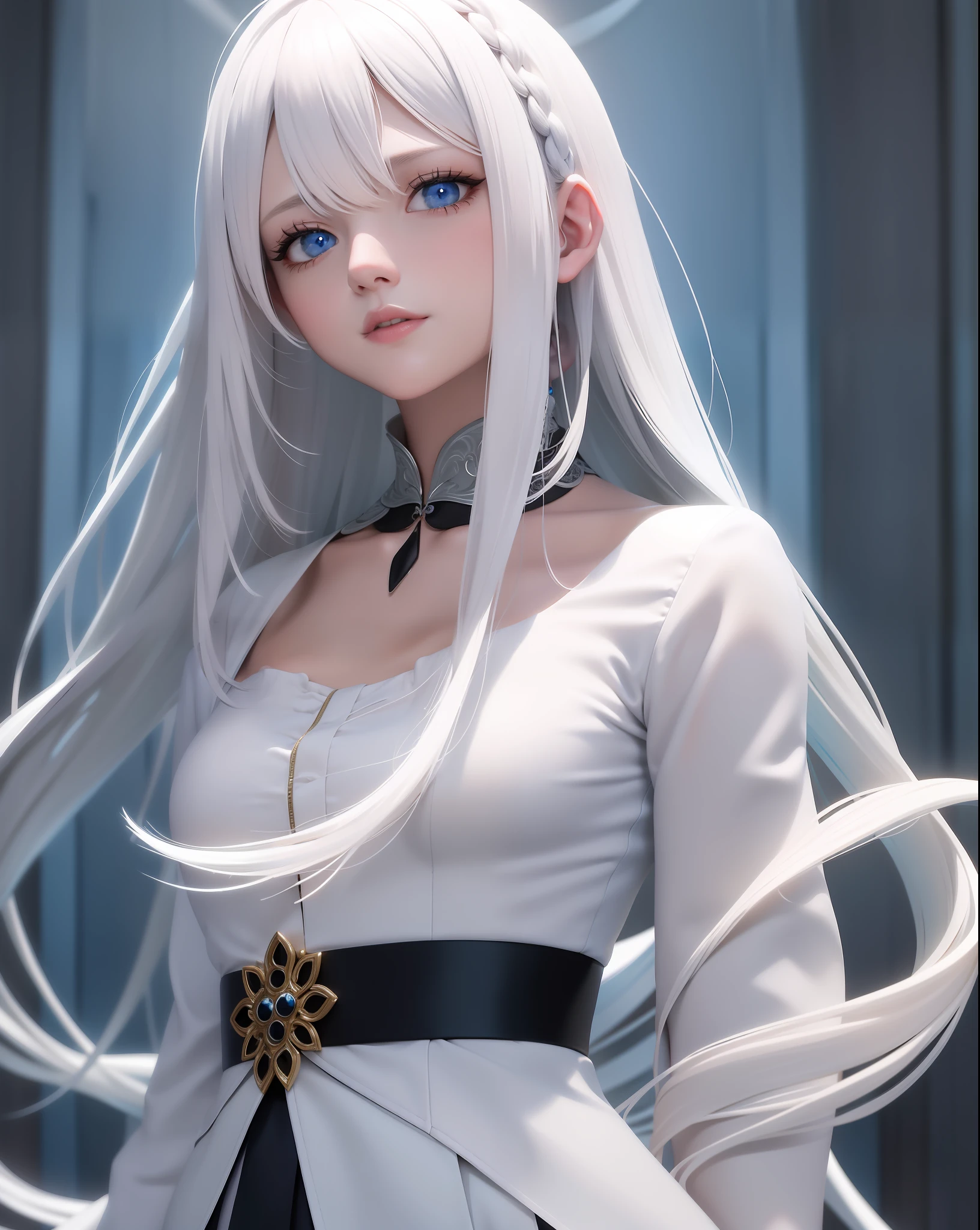 Best quality, masterpiece, white hair, blue eyes, upper body