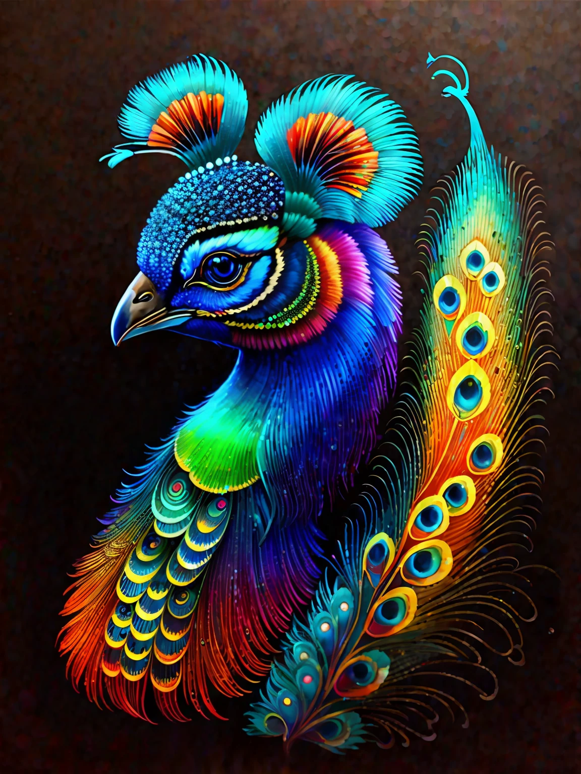 a painting of a colorful peacock on a black background,, breathtaking rendering, within a radiant connection, inspired by Kinuko Y. Craft,, magical elements, kitten icon, wow, is beautiful, casting a multi colorful spell, bright flash, flash