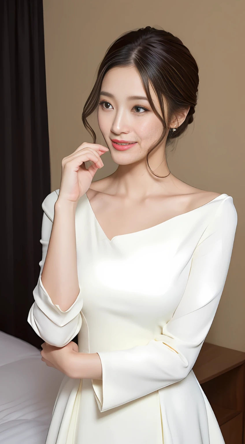 (A Korean woman), 1girl, realism, ((best quality, 8k, masterpiece: 1.3)), Nikon camera, camera aperture F1.2, photo texture, in bedroom, high contrast, (an elegant dress), (face close-up), detailed eyes, long eyelashes, fine skin texture, fine fabric texture, such as a black or dark blue slim dress, paired with a pair of mid-heeled heels, can enhance the temperament. You can match it with a simple short jacket to increase the sense of layering and professionalism, with a simple and elegant handbag, it looks more decent, the hairstyle can choose a simple and neat low ponytail or a smart straight hair, the hair color should choose natural brown or black, the skin tone should choose natural base makeup, with light color eyeshadow and lipstick, it looks more decent and delicate, (snow-white skin), whitened skin, smile