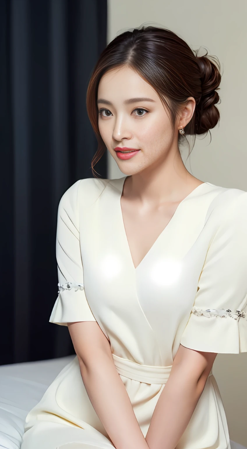 (A Korean woman), 1girl, realism, ((best quality, 8k, masterpiece: 1.3)), Nikon camera, camera aperture F1.2, photo texture, in bedroom, high contrast, (an elegant dress), (face close-up), detailed eyes, long eyelashes, fine skin texture, fine fabric texture, such as a black or dark blue slim dress, paired with a pair of mid-heeled heels, can enhance the temperament. You can match it with a simple short jacket to increase the sense of layering and professionalism, with a simple and elegant handbag, it looks more decent, the hairstyle can choose a simple and neat low ponytail or a smart straight hair, the hair color should choose natural brown or black, the skin tone should choose natural base makeup, with light color eyeshadow and lipstick, it looks more decent and delicate, (snow-white skin), whitened skin, smile