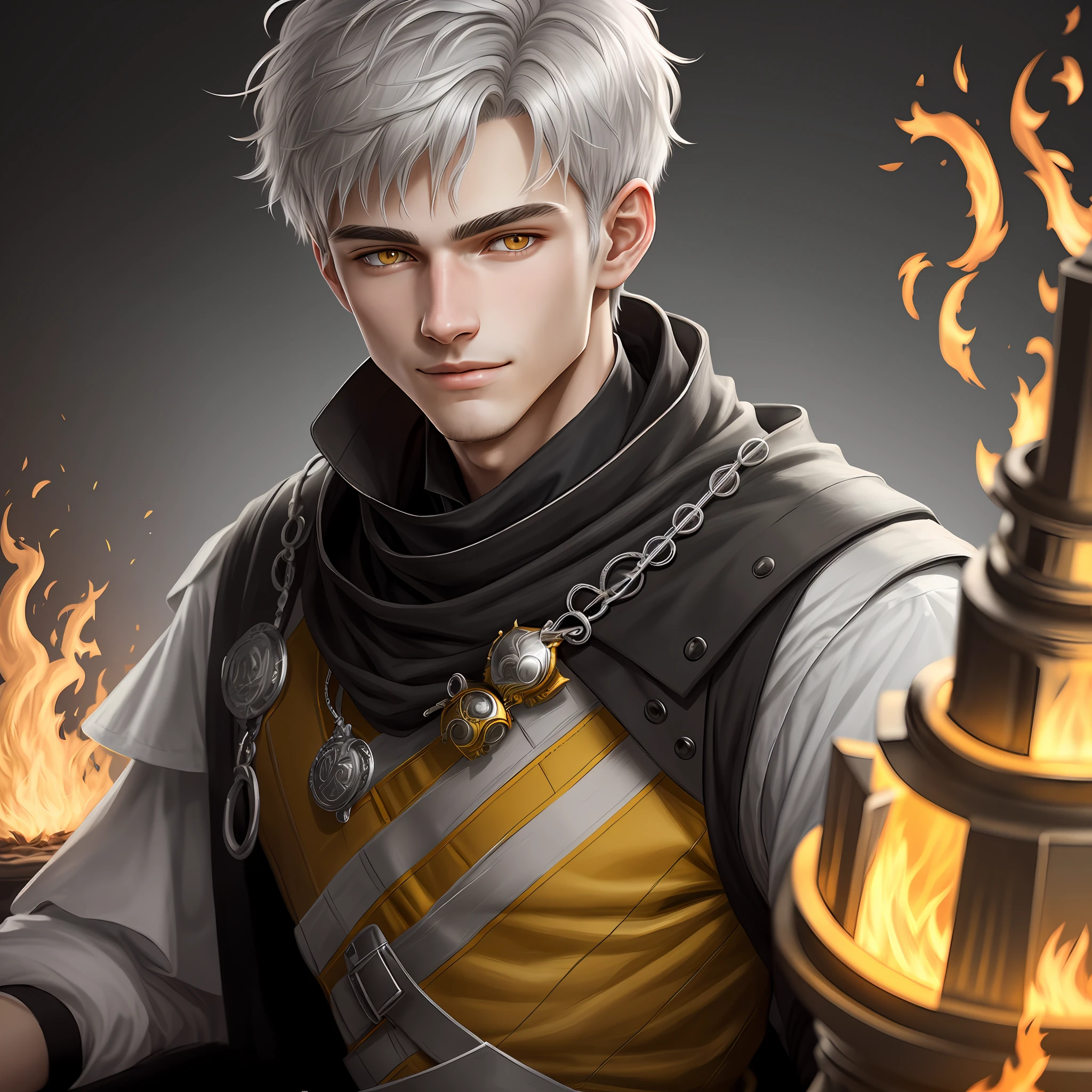 High detail, clarity, 8kk, young guy, 18 years old, light gray hair, short haircut, yellow eyes, smirk, crown, fire, black and white drawing, realism, fantasy