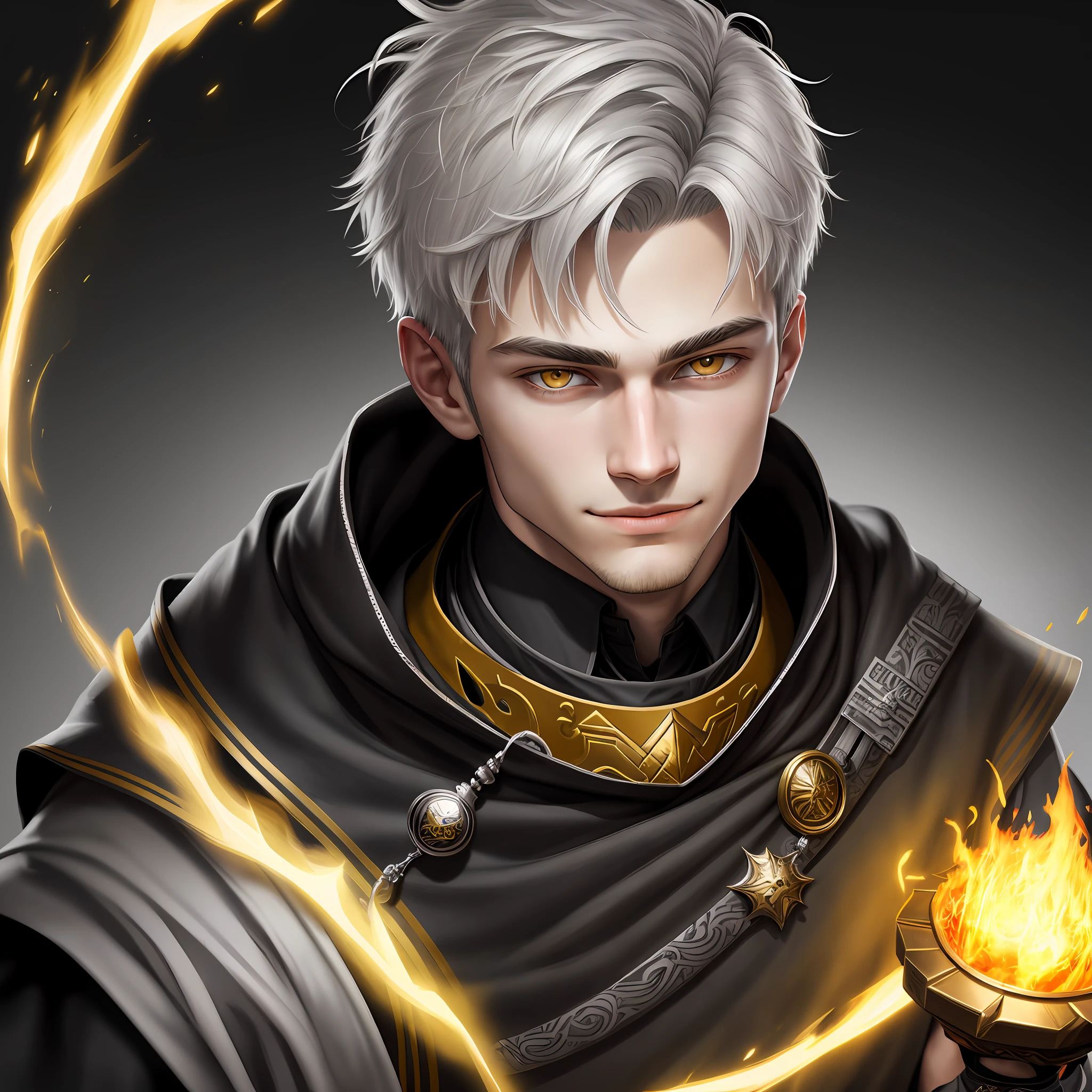 High detail, clarity, 8kk, young guy, 18 years old, light gray hair, short haircut, yellow eyes, smirk, crown, fire, black and white drawing, realism, fantasy