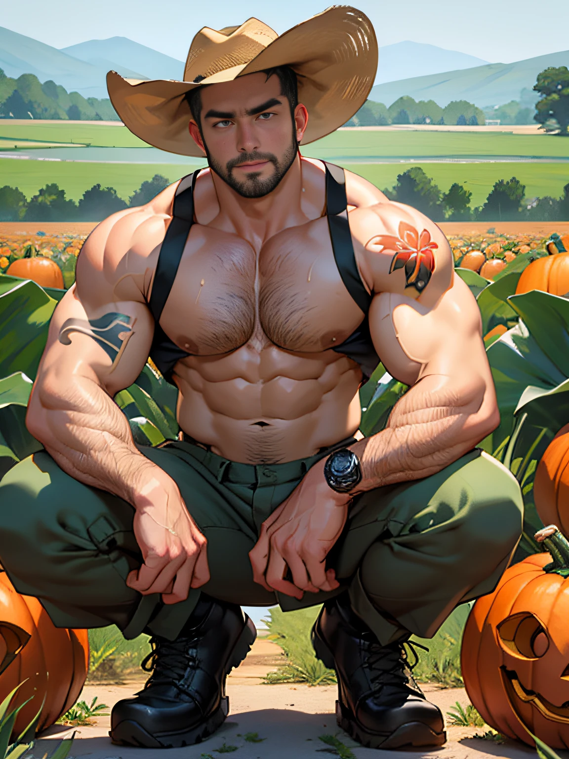 30 years old, big eyes, Chinese male, stubble, white inch, huge muscles, exaggerated muscles, mature man, muscle swelling, bodybuilding, pectoral muscles, abs, in a pumpkin field, plenty of pumpkin, tank top, cargo pants, martin boots, natural light, cowboy hat, hoe, wet body, wheat-colored skin, 1man, tattoo on forearm, squatting position