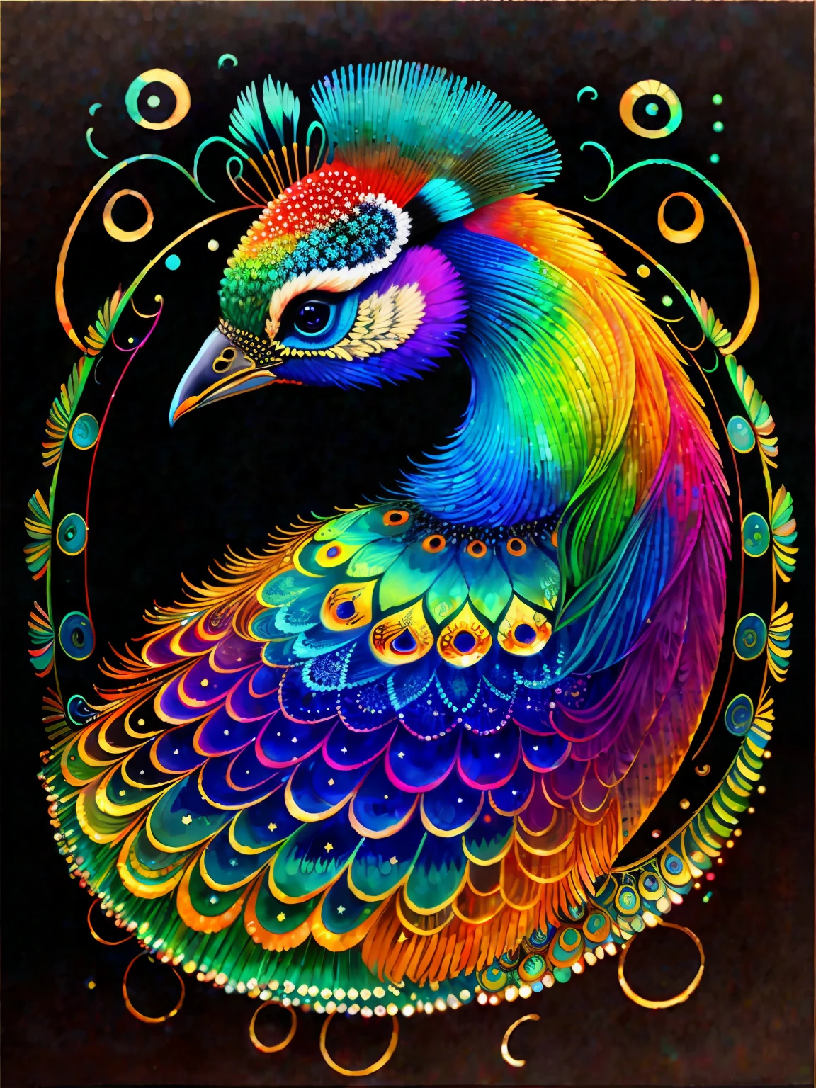 a painting of a colorful peacock on a black background,, breathtaking rendering, within a radiant connection, inspired by Kinuko Y. Craft,, magical elements, kitten icon, wow, is beautiful, casting a multi colorful spell, bright flash, flash