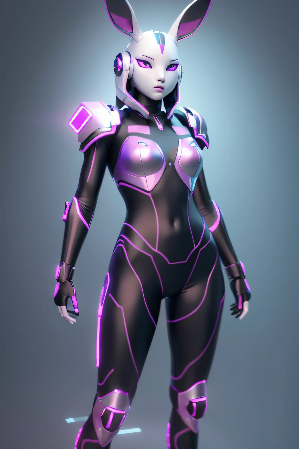 3D data stream matrix female rabbit robot portrait, detailed head full body, style sci-fi jewelry, fine minimal armor, human anatomy, extremely detailed as well as realistic skin, cinematic lighting, meka design, non-realistic engine, octane rendering, close-up --auto --s2