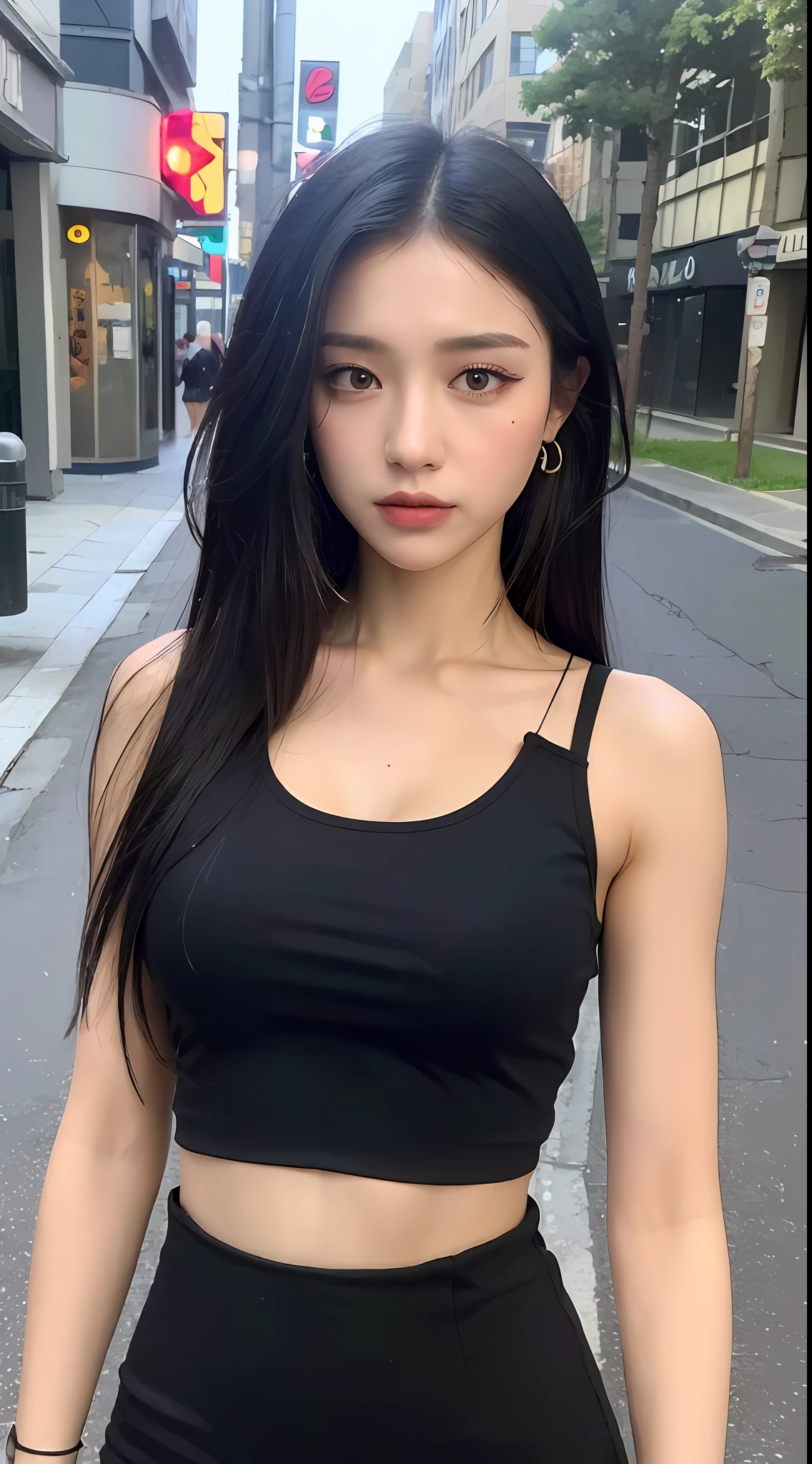 ((Best quality, 8k, Masterpiece :1.3)), Full body, Sharp focus: 1.2, Perfect Body Beauty: 1.4, Slim Abs: 1.2, ((Black hair, Big breasts: 1.2)), Tank top dress: 1.1, (Neon, street: 1.1), highly detailed face and skin texture, detailed eyes, double eyelids
