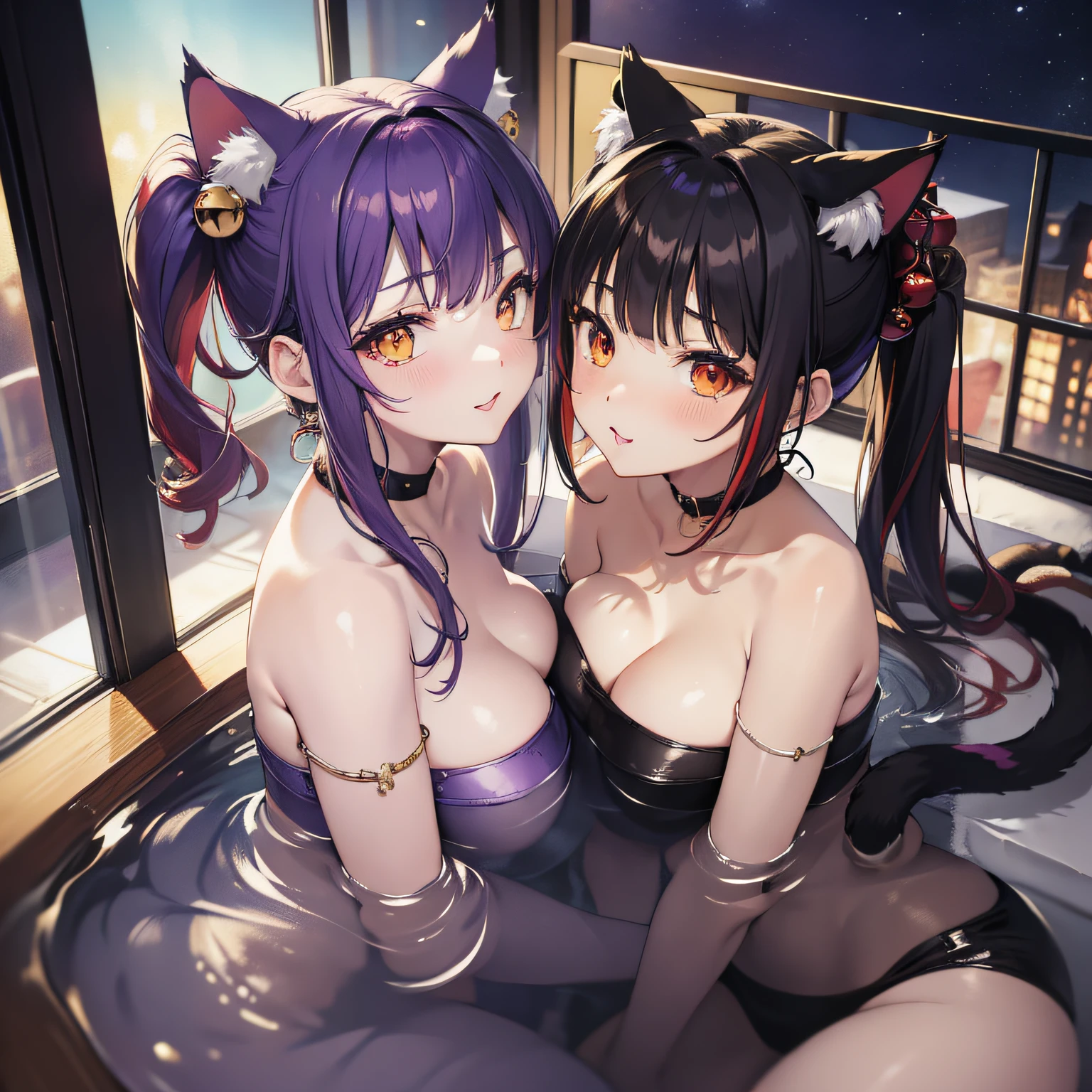 masterpiece, high resolution, high quality, bedroom, night, 2 girls, (bath towel, purple hair ornament, big, cat ears, red eyes, black hair, ponytail), seduction, (bath towel, red hair ornament, big, cat ears, yellow eyes, white hair, twin tails), hehundred, kissing