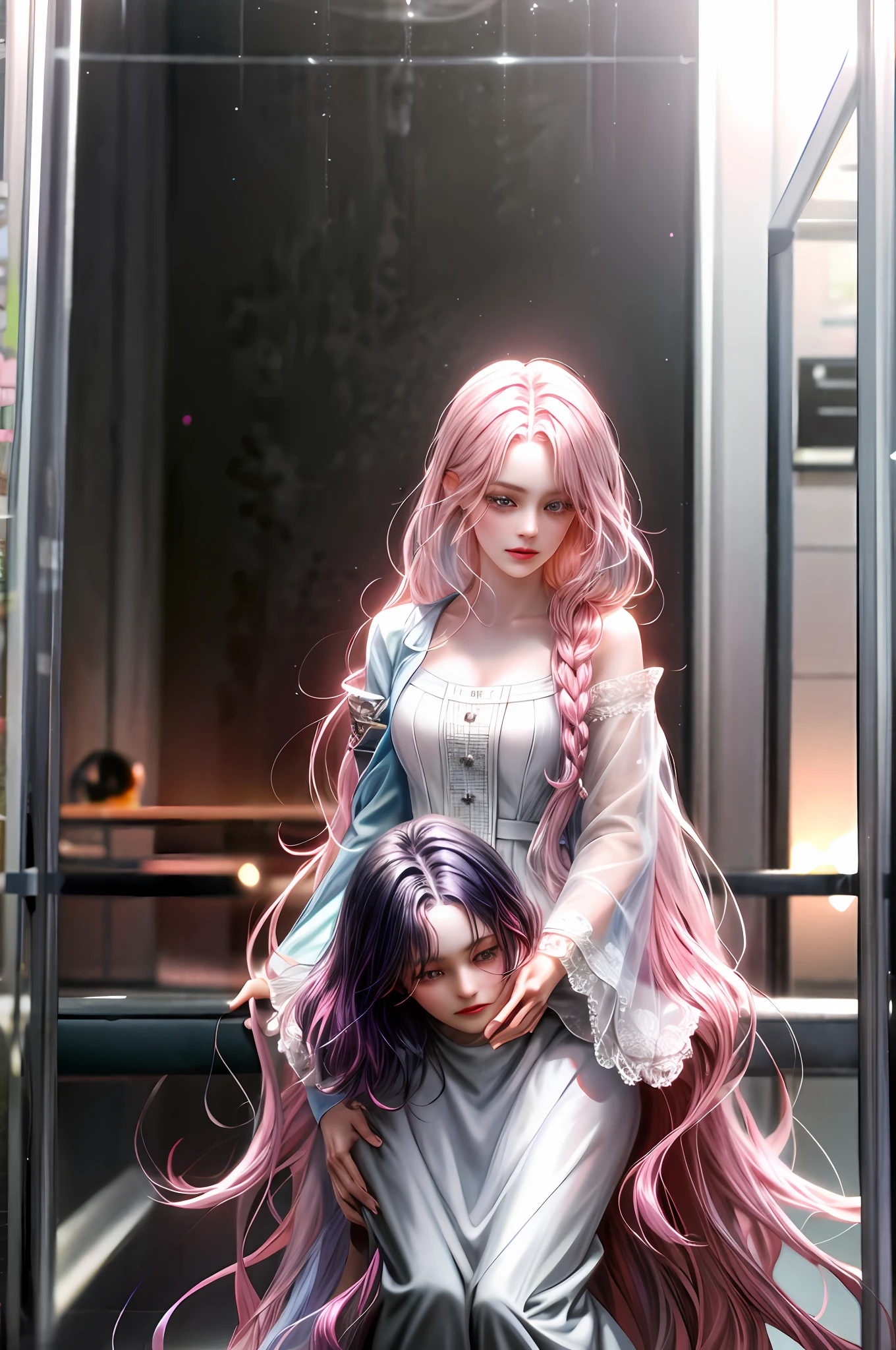 Two girls, one with pink hair and the other black in a maze