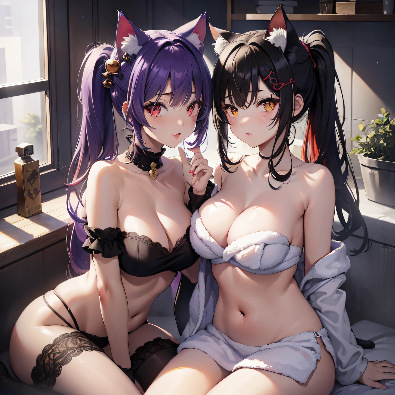 masterpiece, high resolution, high quality, bedroom, night, 2 girls, (bath towel, purple hair ornament, big, cat ears, red eyes, black hair, ponytail), seduction, (bath towel, red hair ornament, big, cat ears, yellow eyes, white hair, twin tails), hehundred, kissing