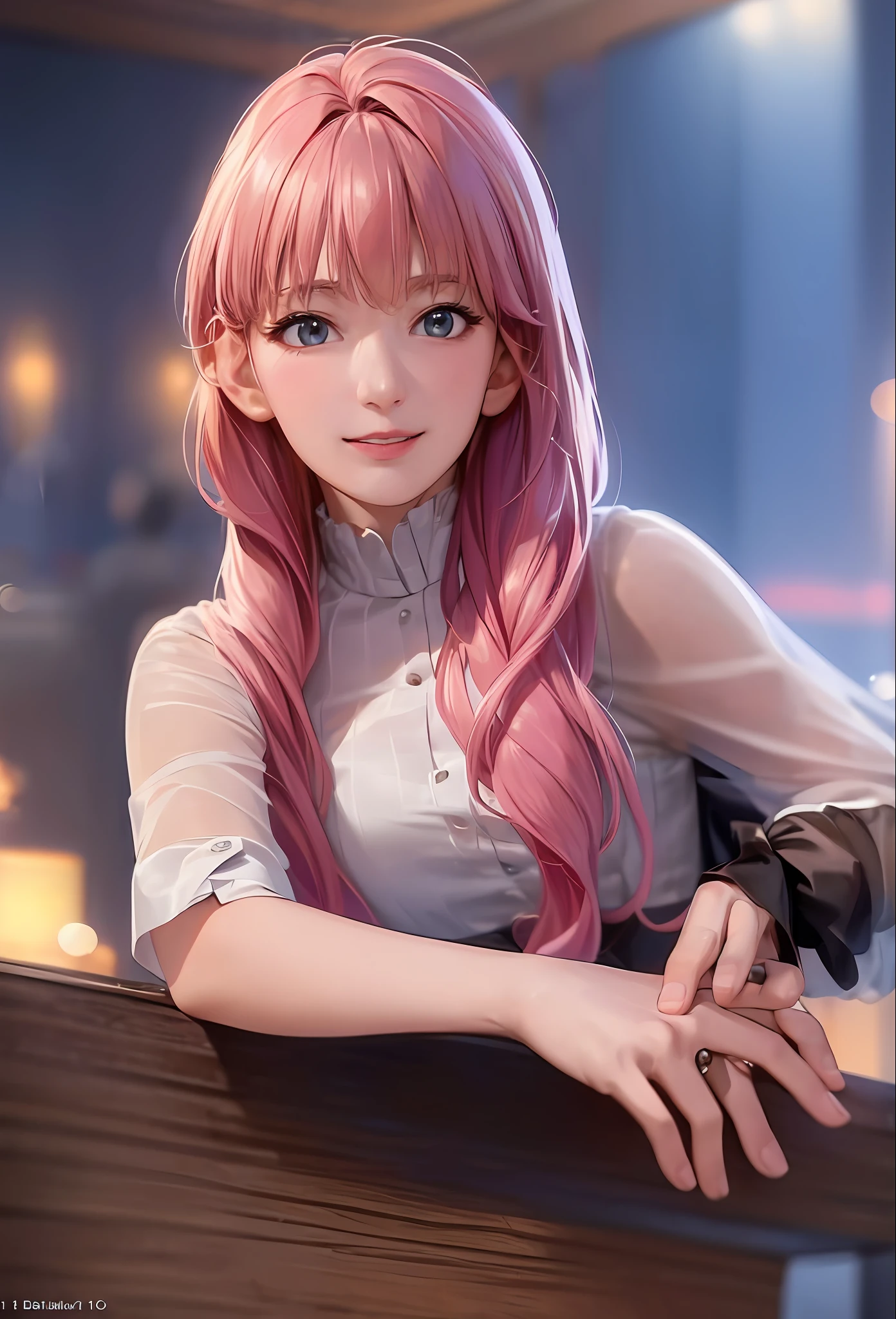 (8k, Best Quality, Masterpiece: 1.2), (Realistic, Realistic:1.37), Ultra Detailed, 1 Girl, Cute, Solo, Midnight, Beautiful Detailed Sky, Detailed Cafe, Seated, Dating, (Nose Red), (Smile: 1.15), (Shut Up) Small Breasts, Beautiful Delicate Eyes, Flowing Hair NovaFrogStyle, Pink Hair, Smile